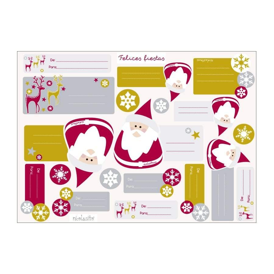 Detalle de las pegatinas navideñas modelo Papá Noel, con ilustración alegre y espacio para escribir nombres en los regalos de Navidad - Nicolasito.es #modelo_Papá Noel
