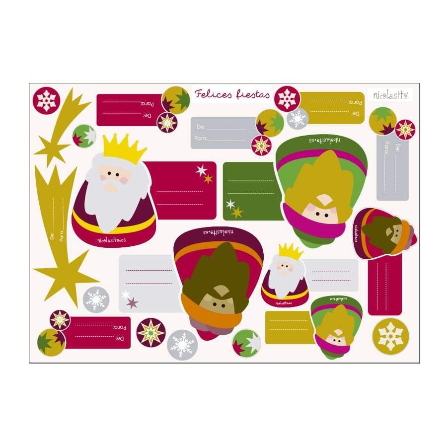 Detalle del diseño de pegatinas para regalos de Navidad con los Reyes Magos, perfectas para personalizar y marcar los paquetes de los peques - Nicolasito.es #modelo_Reyes Magos