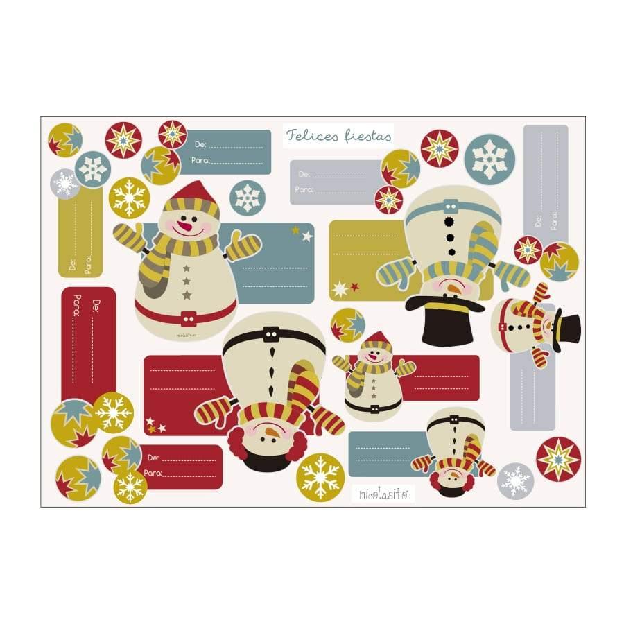 Detalle de las pegatinas de Navidad modelo Muñecos de Nieve, diseño divertido y colorido para decorar regalos y bolsas navideñas - Nicolasito.es #modelo_Muñecos de Nieve