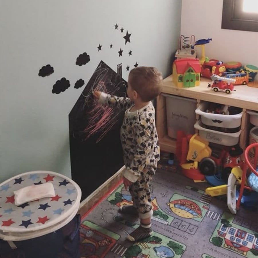 Detalle de la superficie de la Pizarra Casita mediana, material adhesivo negro ideal para escribir con tizas o rotuladores de tiza líquida - Nicolasito.es #medidas_Mediana