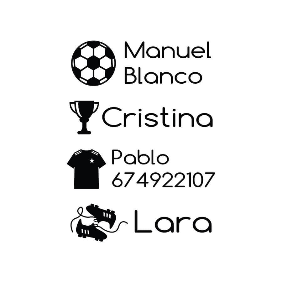 Primer plano del sello para marcar ropa Fútbol, diseño deportivo personalizable con nombre y tinta textil lavable de alta resistencia - Nicolasito.es