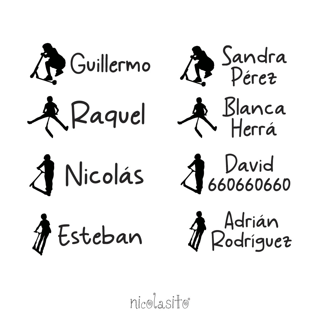 Detalle del sello marcar ropa Patinete mostrando los cuatro modelos con grabado personalizado y diseño moderno y divertido - Nicolasito.es