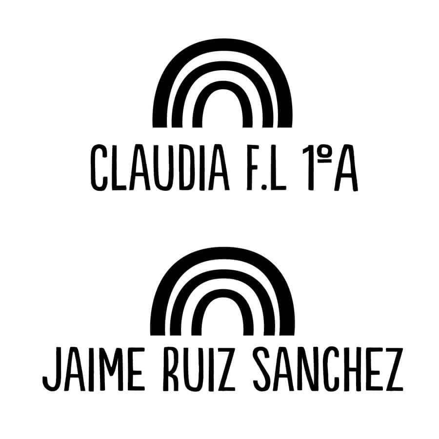 Primer plano del sello marcar ropa Arcoíris, diseño infantil personalizable con nombre, ideal para ropa y accesorios escolares - Nicolasito.es