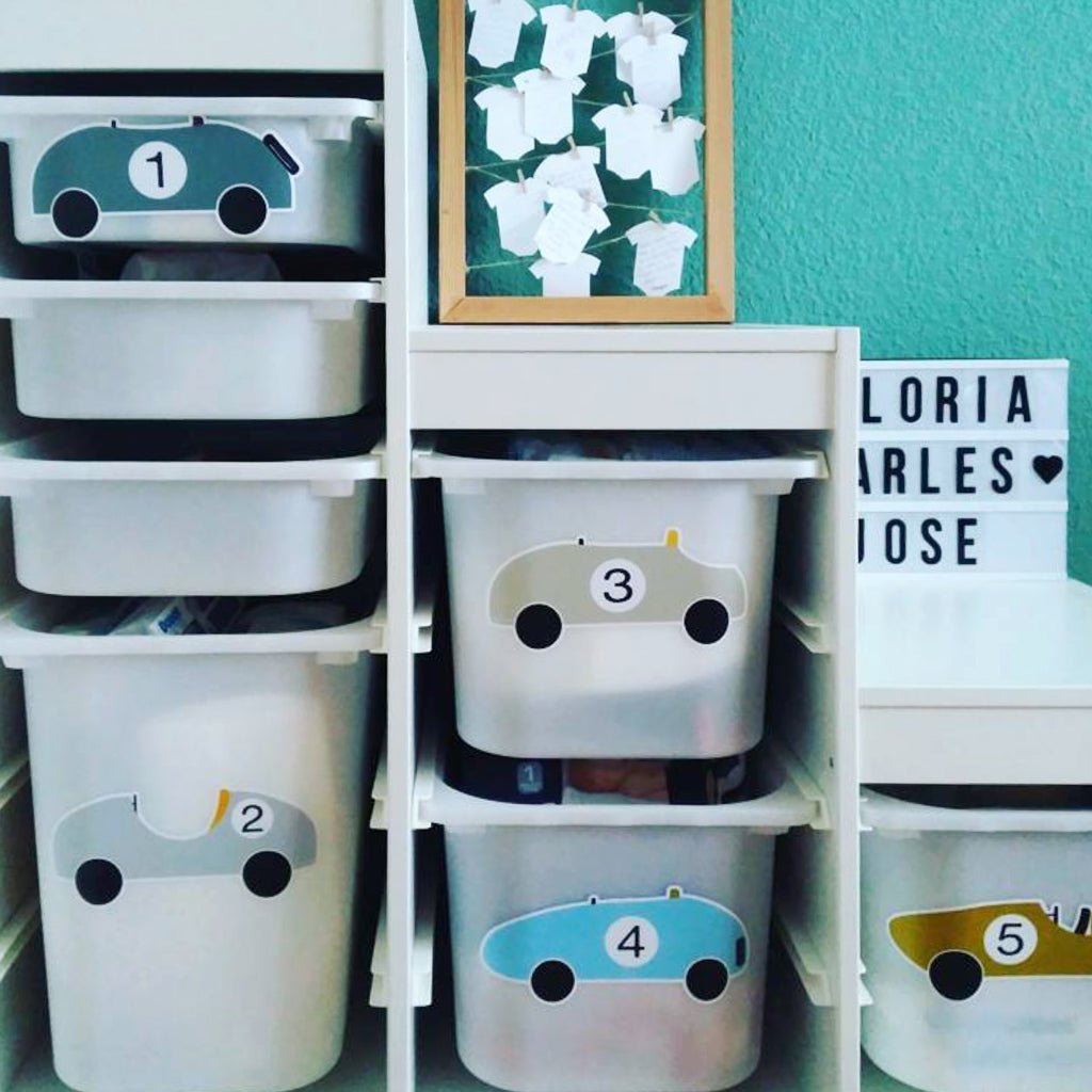 Vinilo decorativo infantil con motivos de coches retro en colores divertidos para decorar cajas de juguetes - Nicolasito.es #color_Azul
