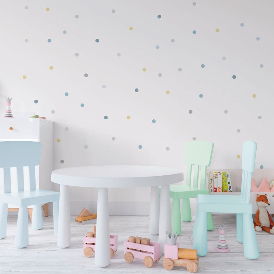 Vinilo decorativo en forma de topitos pastel sobre pared blanca y lisa de dormitorio infantil para completar la decoracion - Nicolasito.es #color_Pastel azul