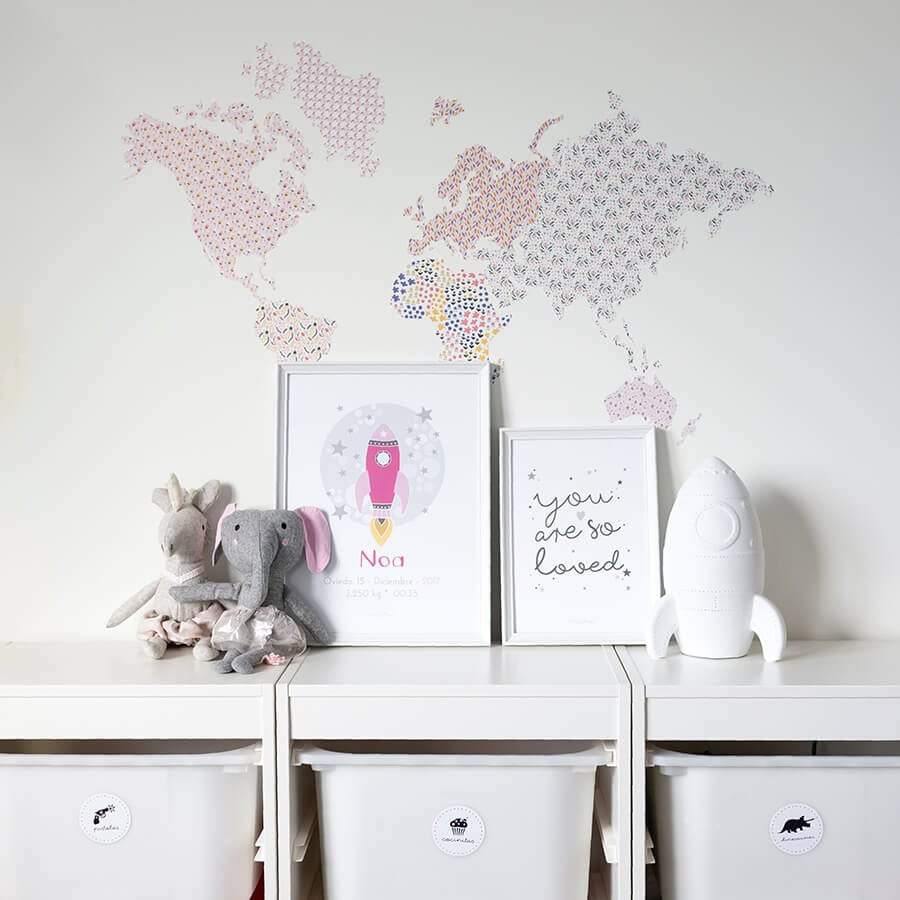 Ideas decoración cuarto de niña vinilo mapamundi #color_Rosa
