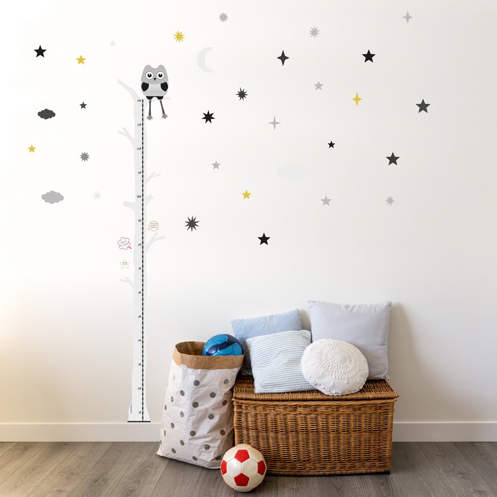 Comprar online medidor infantil buho vinilo de pared #color_Grises