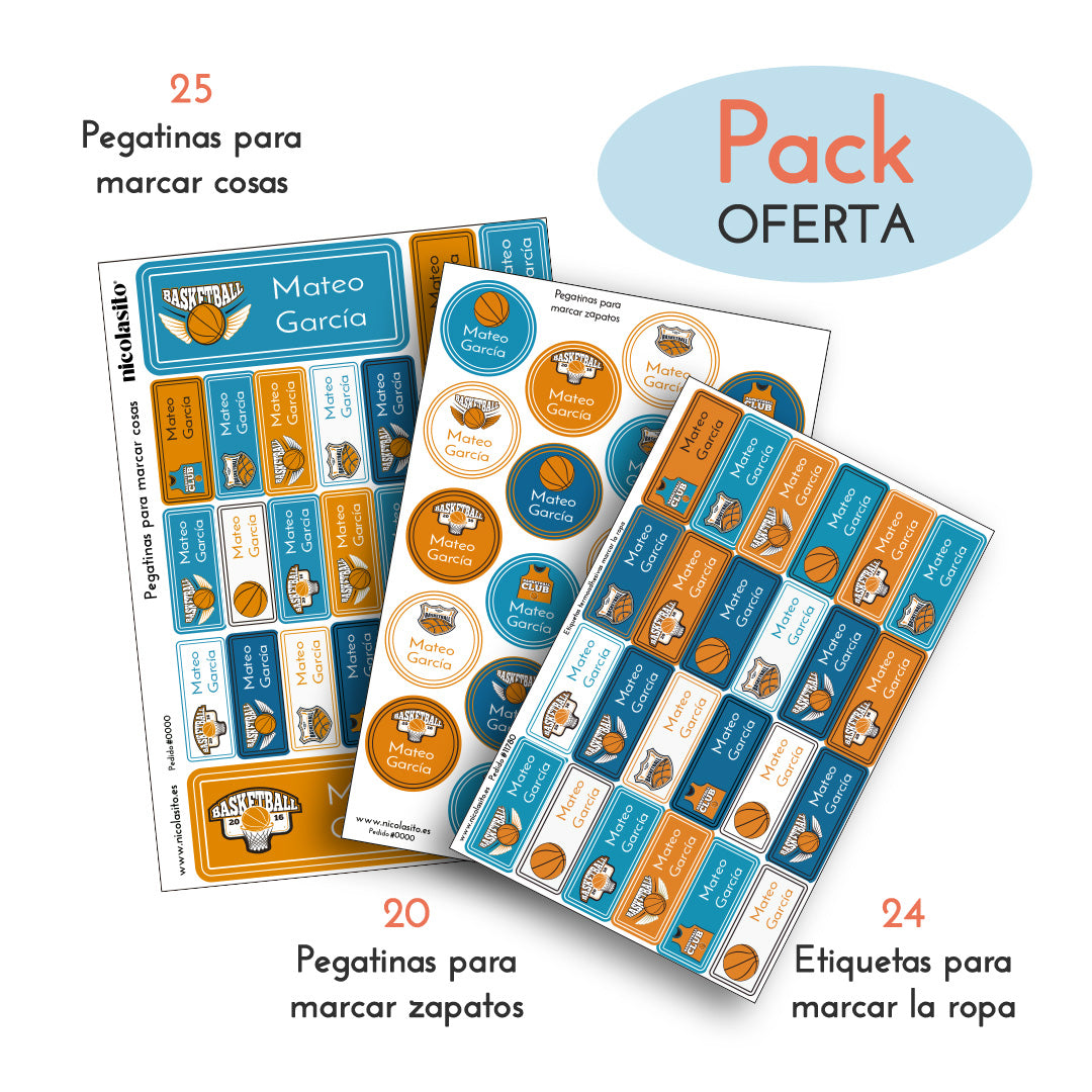 Pack oferta de etiquetas personalizadas  con temática de baloncesto para ropa, zapatos y objetos - Nicolasito.es #Color_Baloncesto