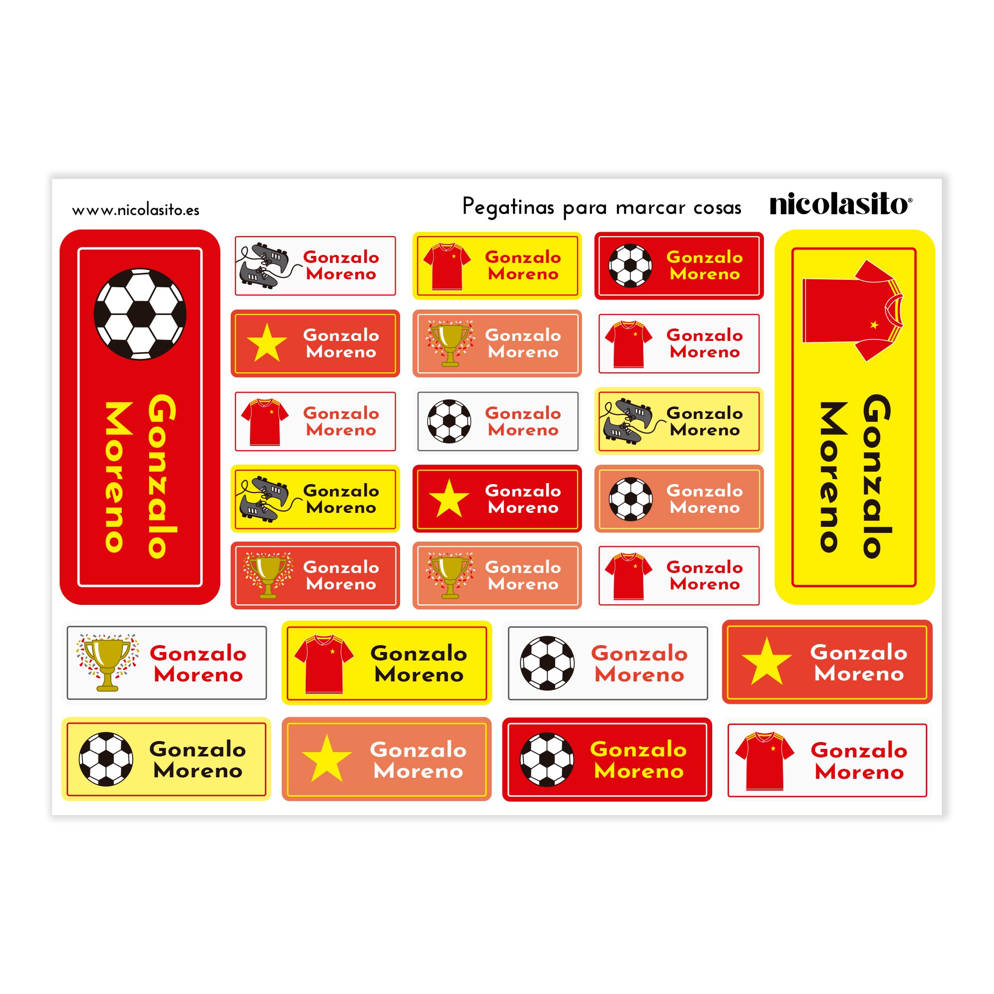 Pegatinas escolares personalizadas para marcar material escolar, con balón, camiseta y símbolos de la Selección Española - Nicolasito.es #Color_Fútbol Selección Española