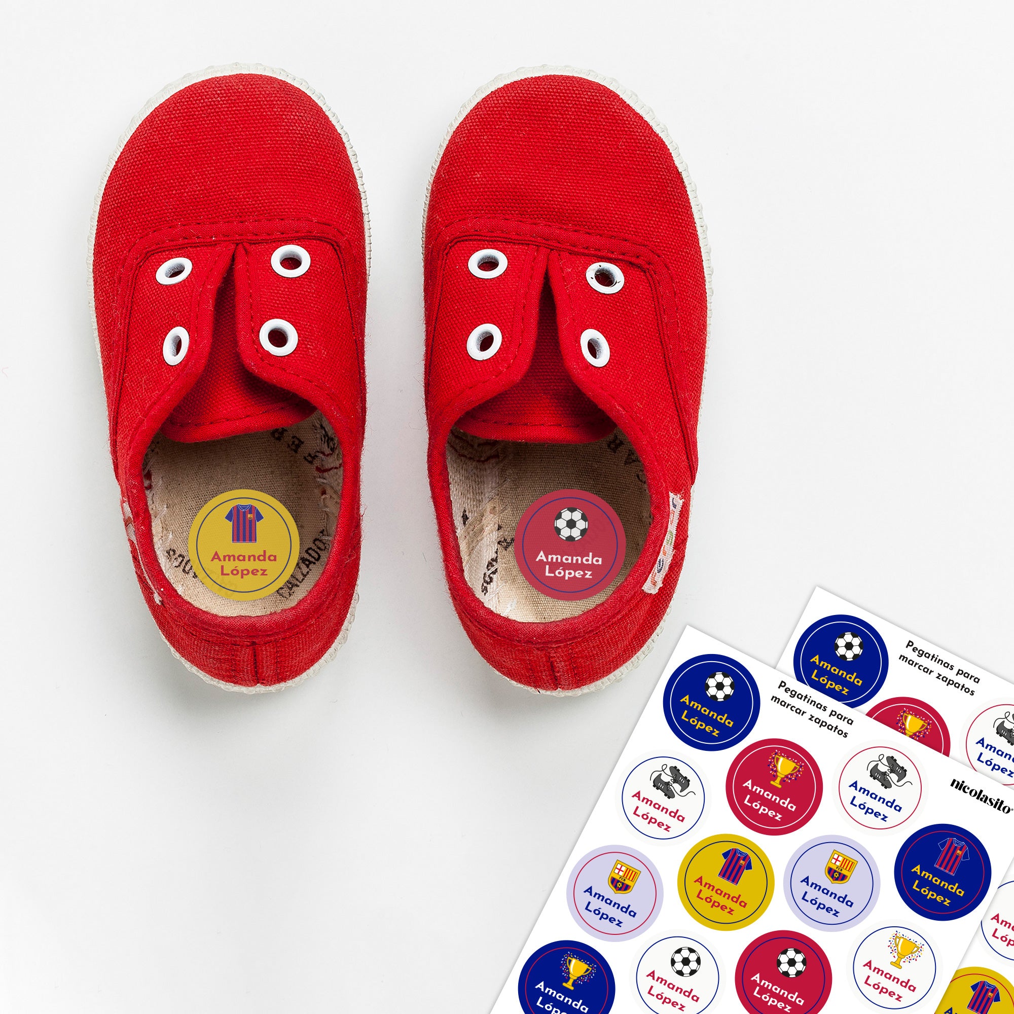 Etiquetas para zapatos personalizadas con temática FC Barcelona y nombre - Nicolasito.es #Color_Fútbol BarÇa