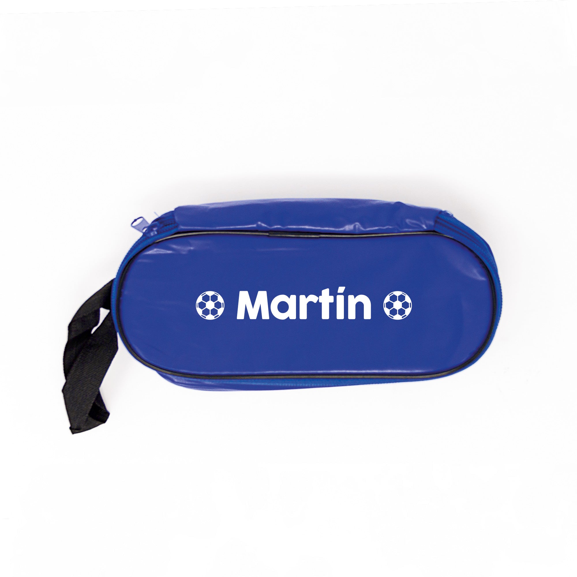Bolsa para bocadillos de niño color azul con estampado de balones de fútbol y nombre personalizado, material flexible y aislamiento interior - Nicolasito.es #color_azul-marino
