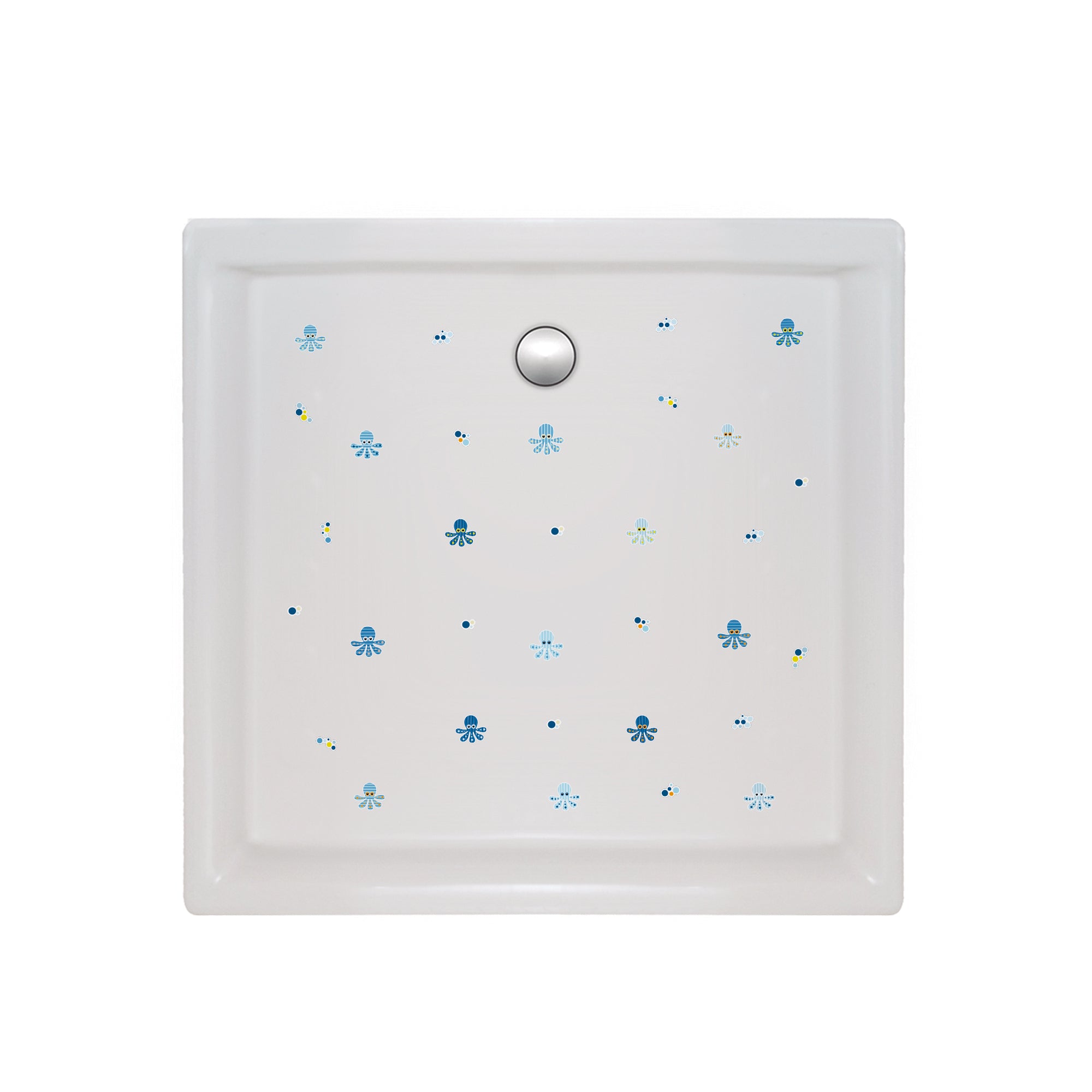 Colocación fácil de set de 25 pegatinas antideslizantes en forma de pulpos infantiles de color azul sobre plato de ducha creando así un ambiente divertido y seguro durante el baño - Nicolasito.es #color_Azul