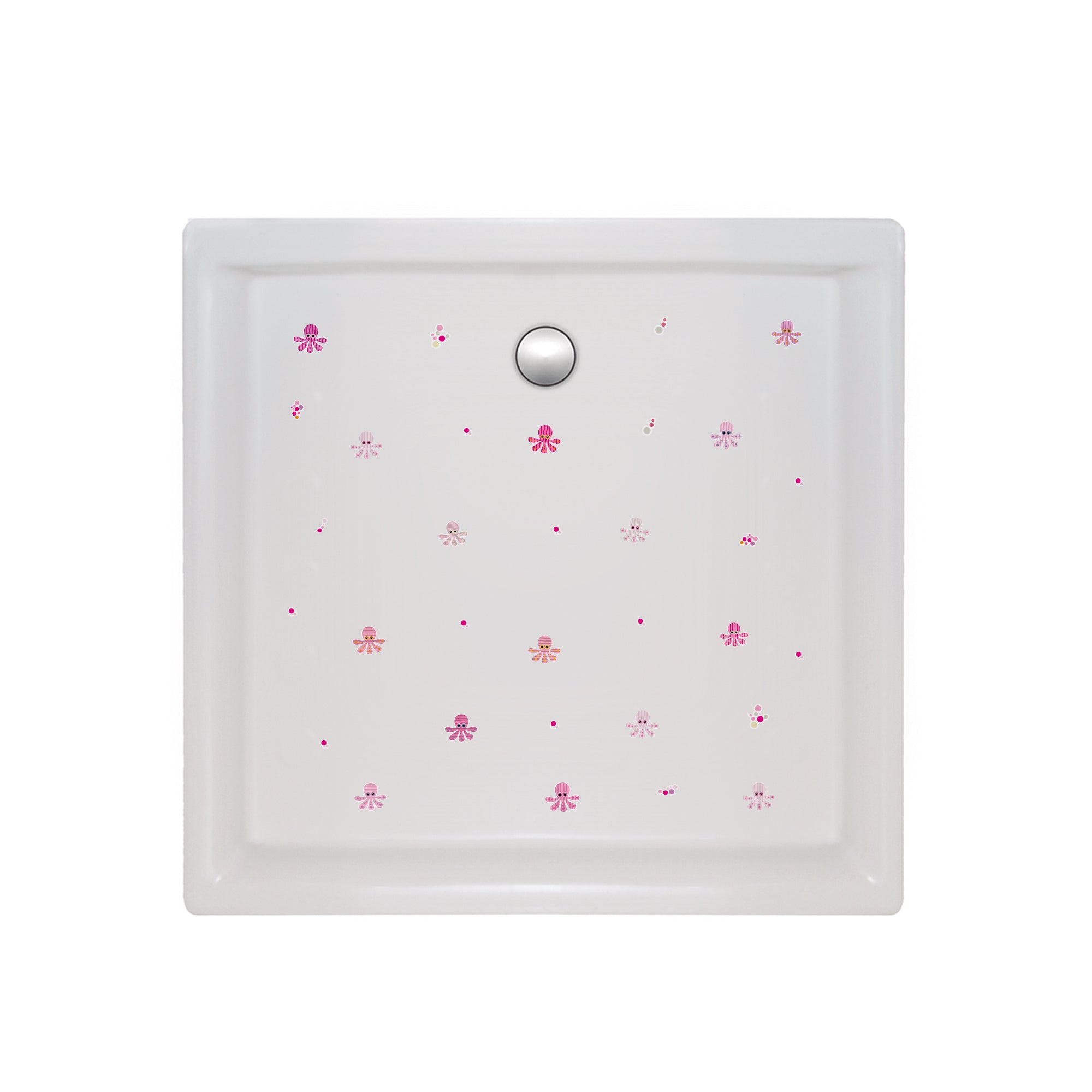 Aplicación fácil de vinilos antideslizantes infantiles en forma de pulpos de color rosa sobre un plato de ducha, vinilos infantiles para baño seguro - Nicolasito.es  #color_Rosa