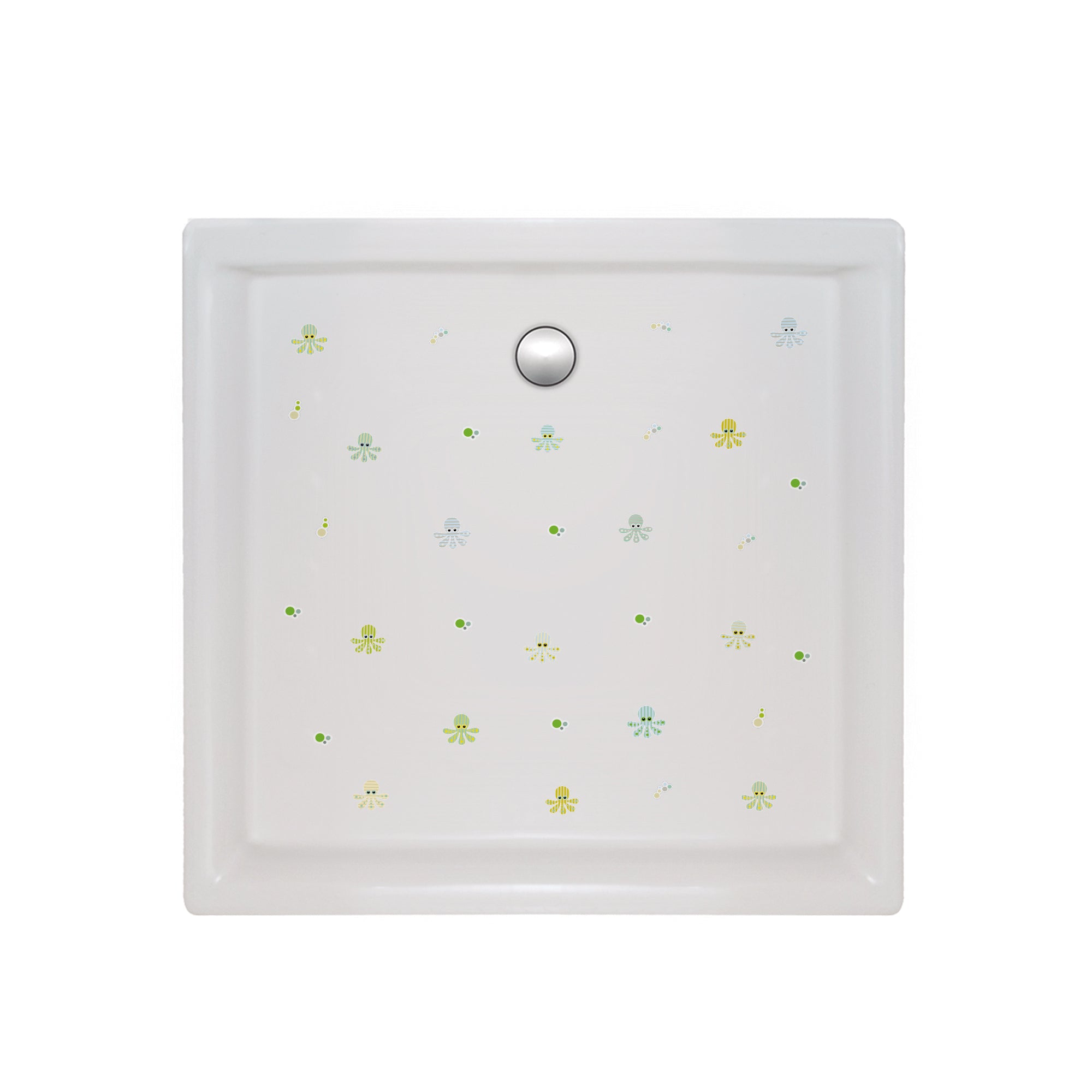 Set de 15 vinilos antideslizantes infantiles en forma de pulpos verdes colocados sobre plato de ducha, creando una decoración temática oceánica para baño infantil, pegatinas seguras para niño - Nicolasito.es #color_Verde