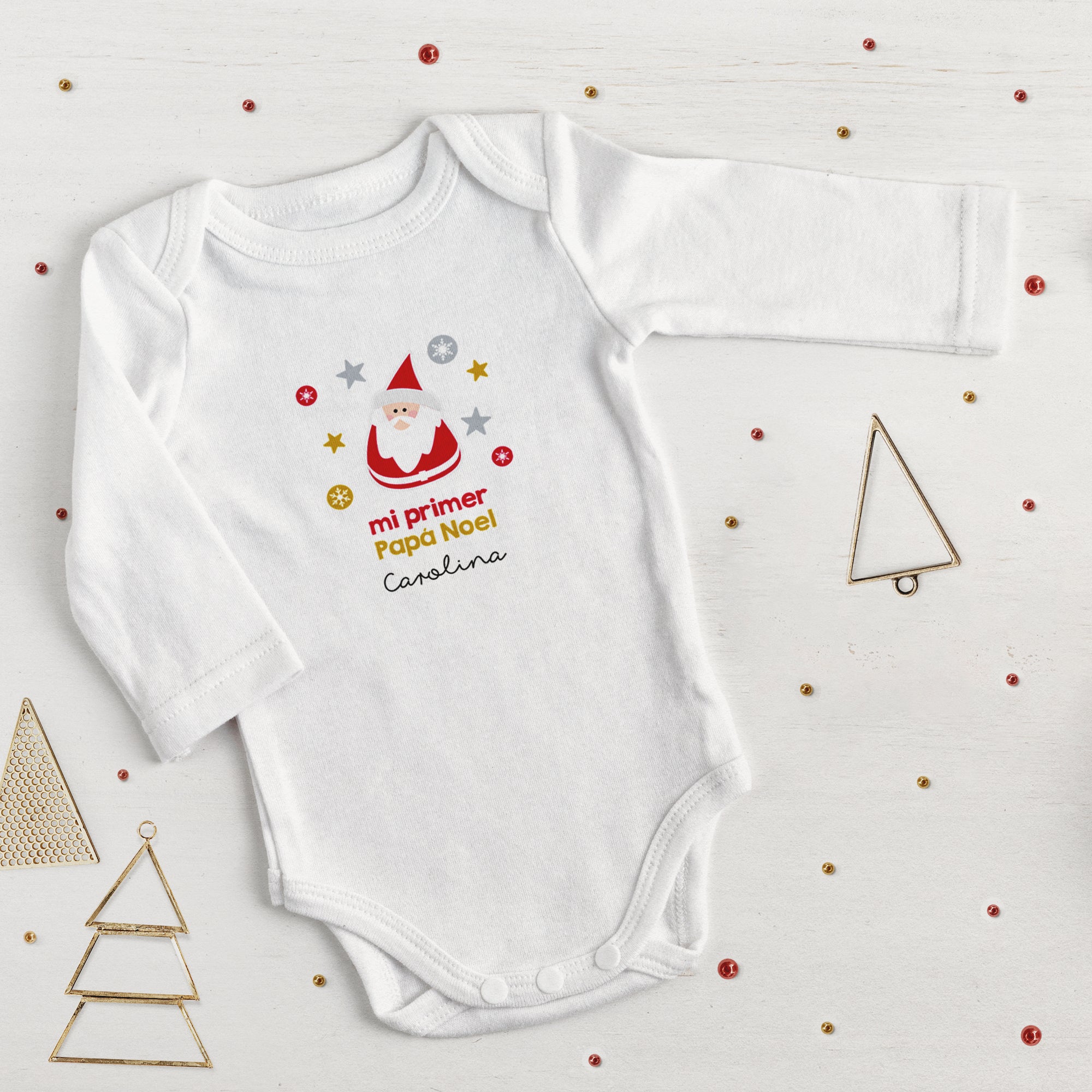 Body de Navidad Papá Noel personalizado para bebé, hecho en algodón 100% orgánico, con cuello americano y diseño cómodo, ideal para su primera Navidad - Nicolasito.es