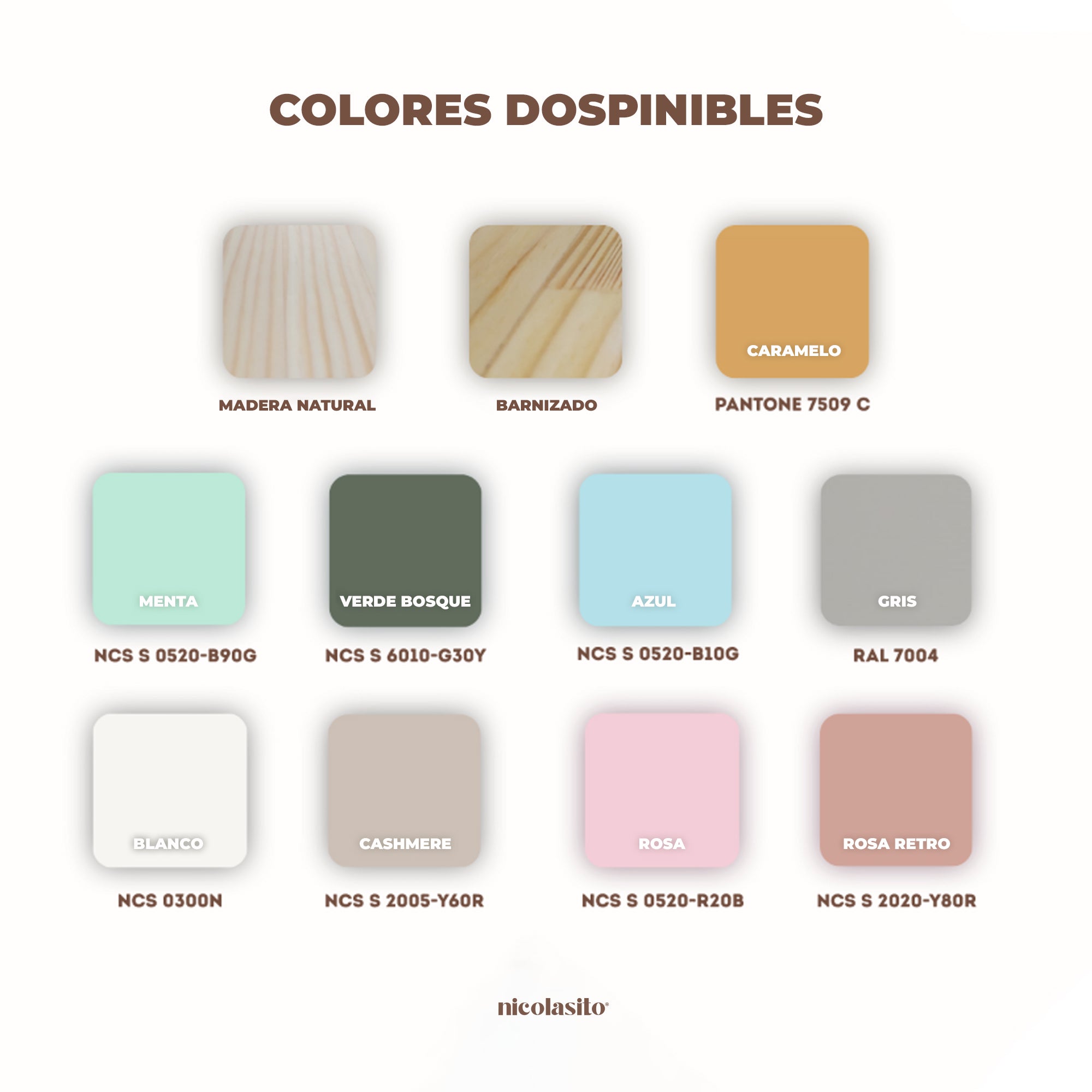 Muestra de colores disponibles para la Cama Nórdica Natural en diferentes tonos de madera y acabados infantiles - Nicolasito.es