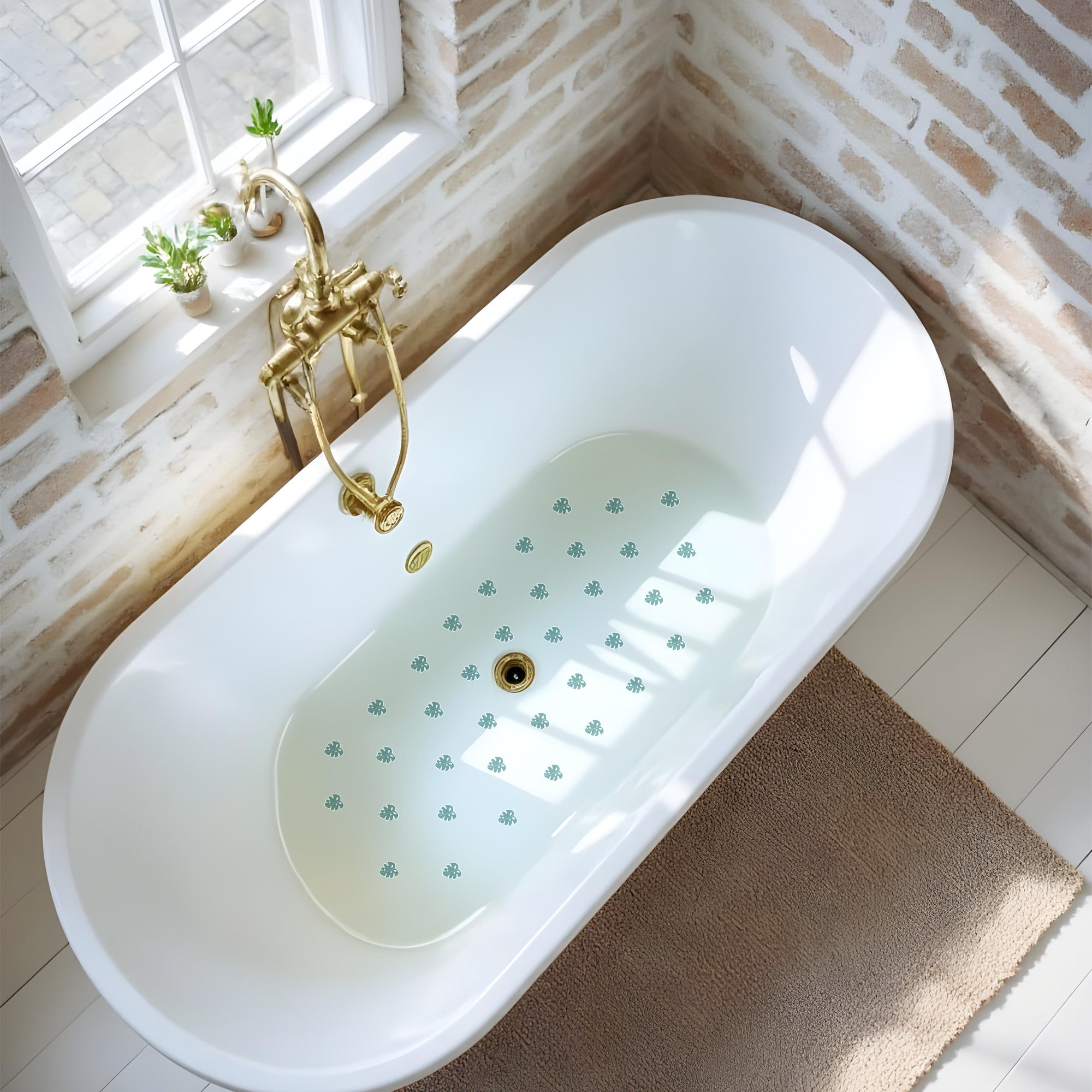 Bañera con pegatinas antideslizantes de hojas monstera, creando un baño elegante y natural, ideal para quienes buscan decoración tropical_ nicolasito.es