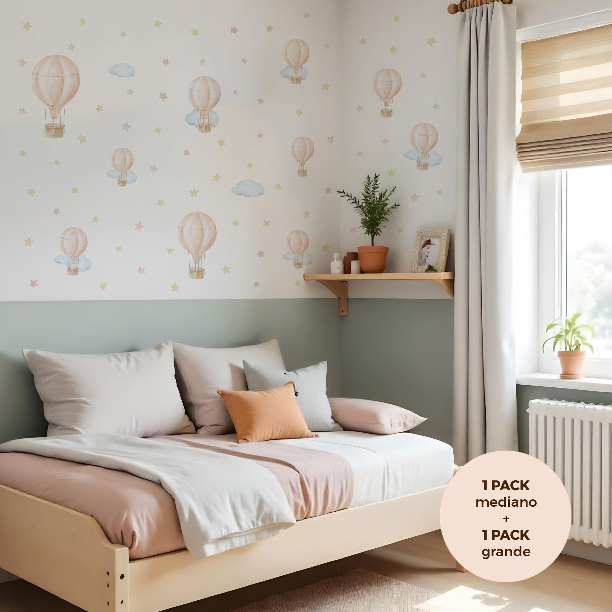 comprar vinilo decorativo para paredes dormitorio infantil con forma de globo aerostático y acabado acuarela #tamaño_Grande