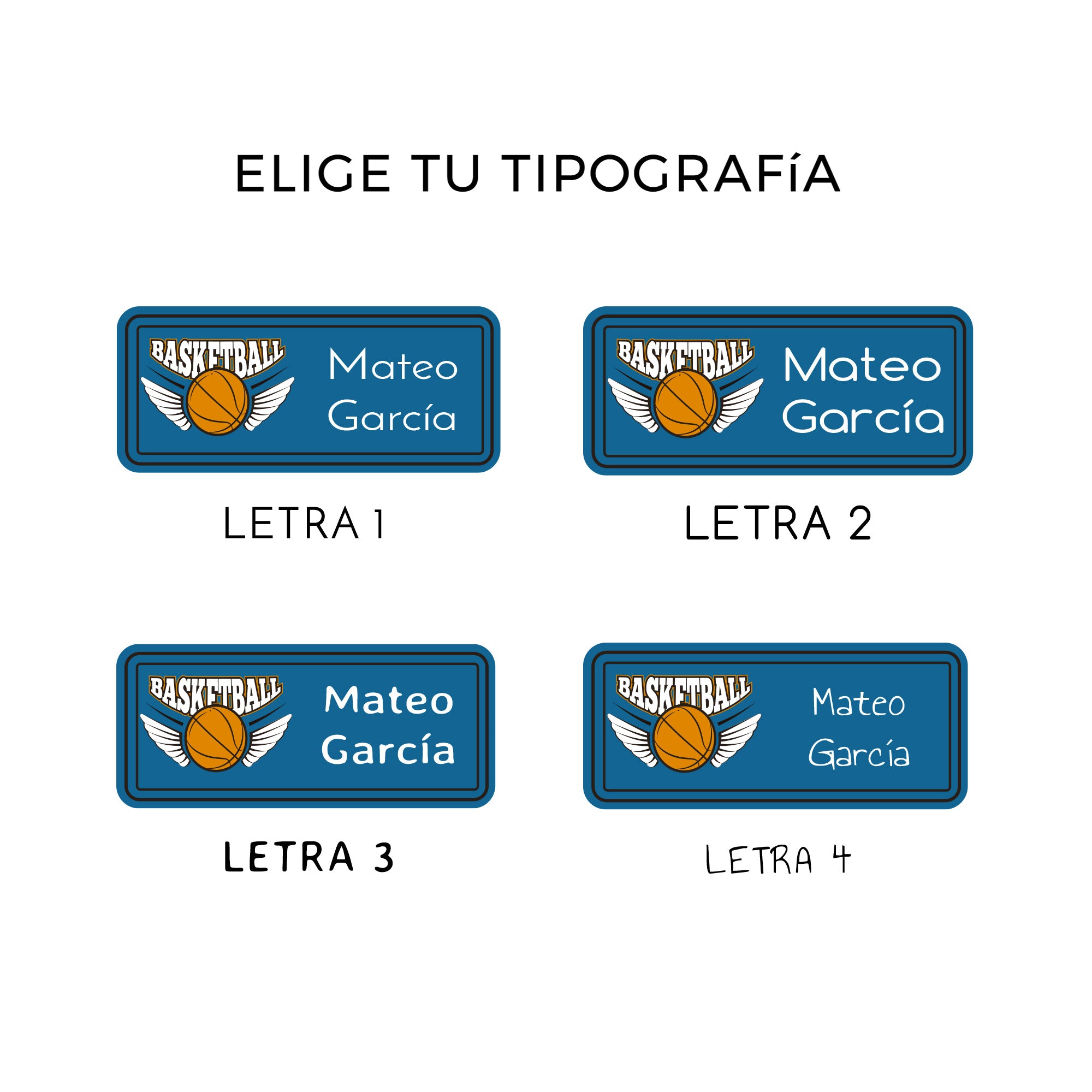 Opciones de tipografía para etiquetas personalizadas de baloncesto con nombre infantil - Nicolasito.es #Color_Baloncesto