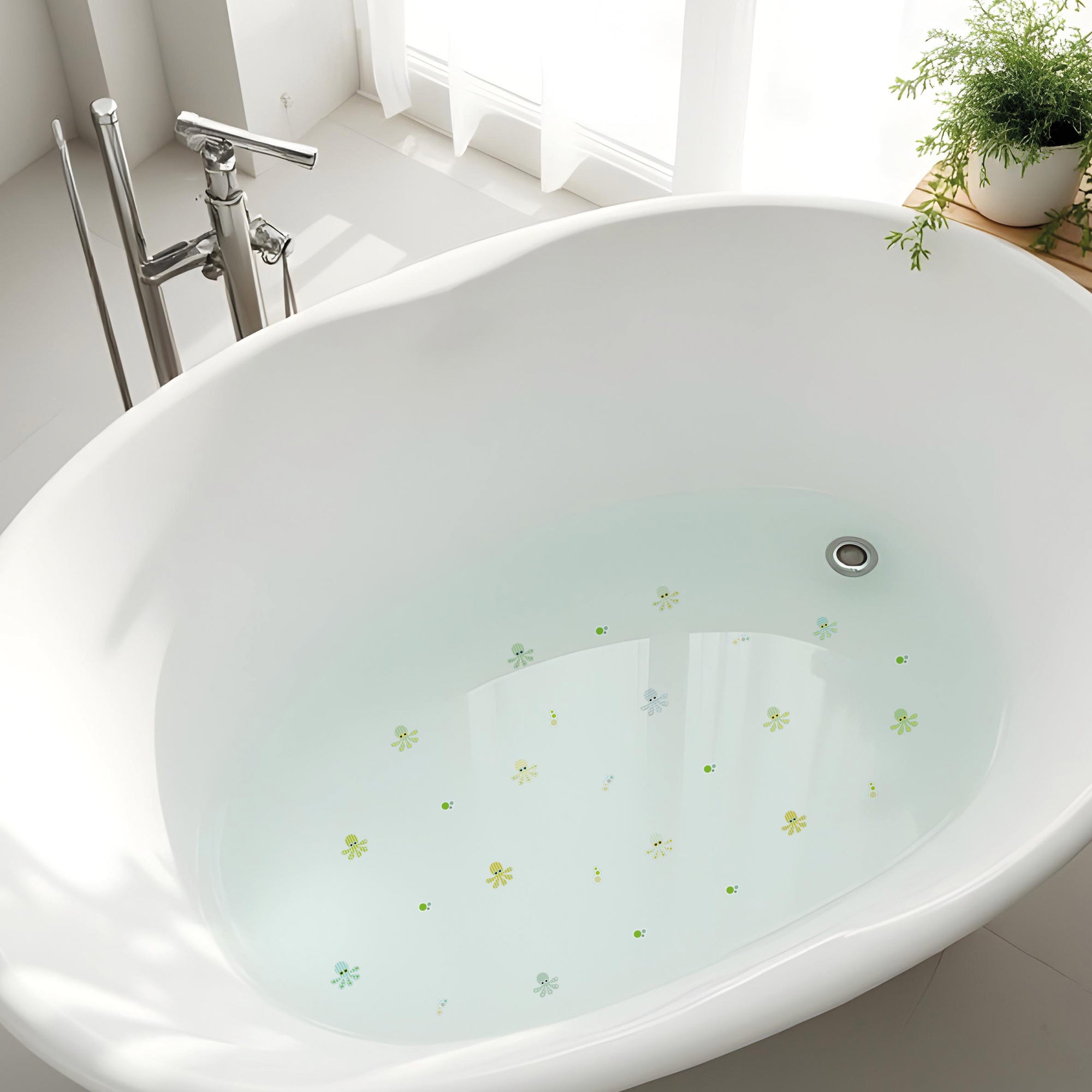 plano detalle de pegatinas antideslizantes en forma de pulpos de color verde que ayudan a evitar los resbalones durante el baño - Nicolasito.es #color_Verde