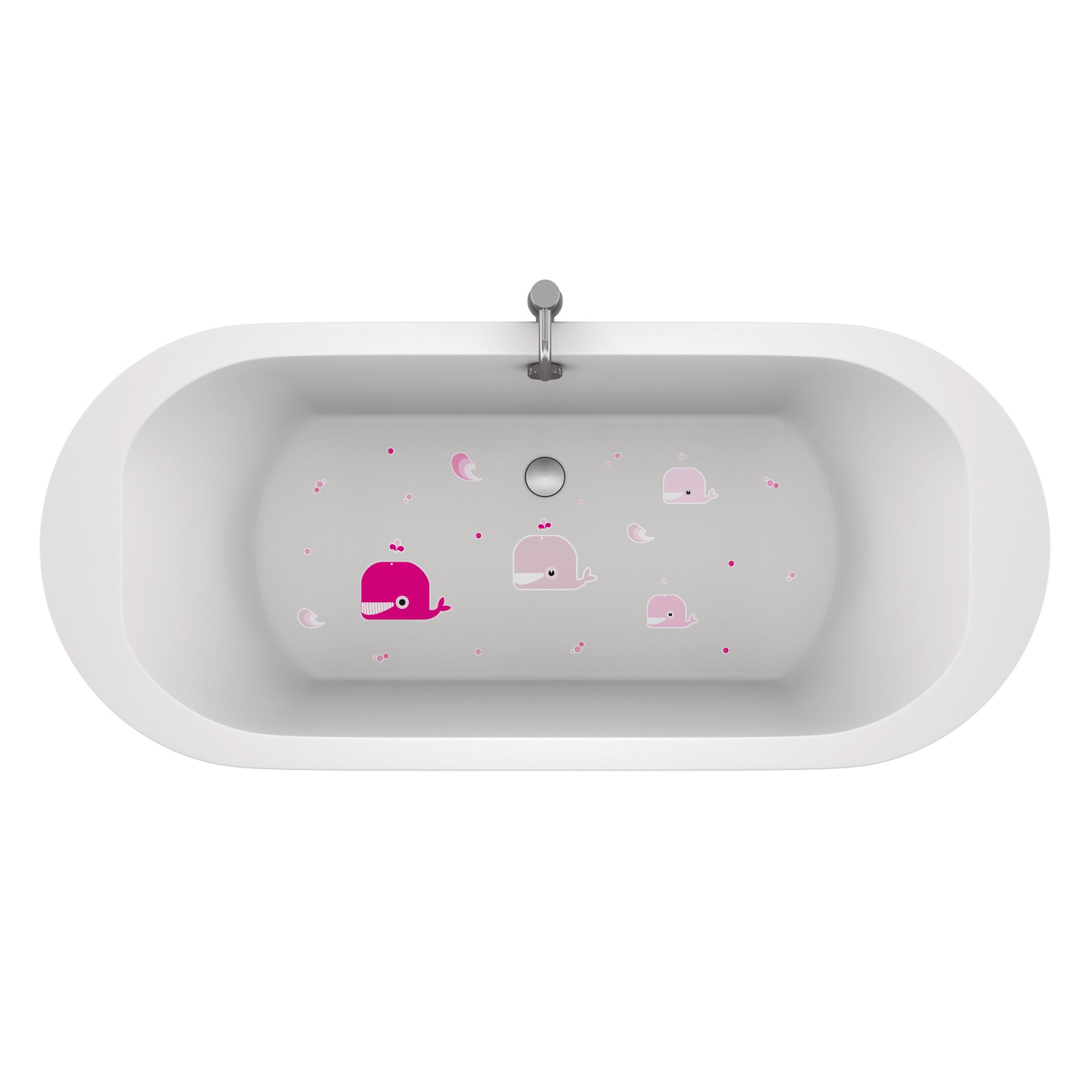 Imagen detallada de bañera infantil con vinilo antideslizante en forma de ballenas de color rosa que evitan resbalones durante el baño creando un ambiente seguro y divertido - Nicolasito.es #color_Rosa