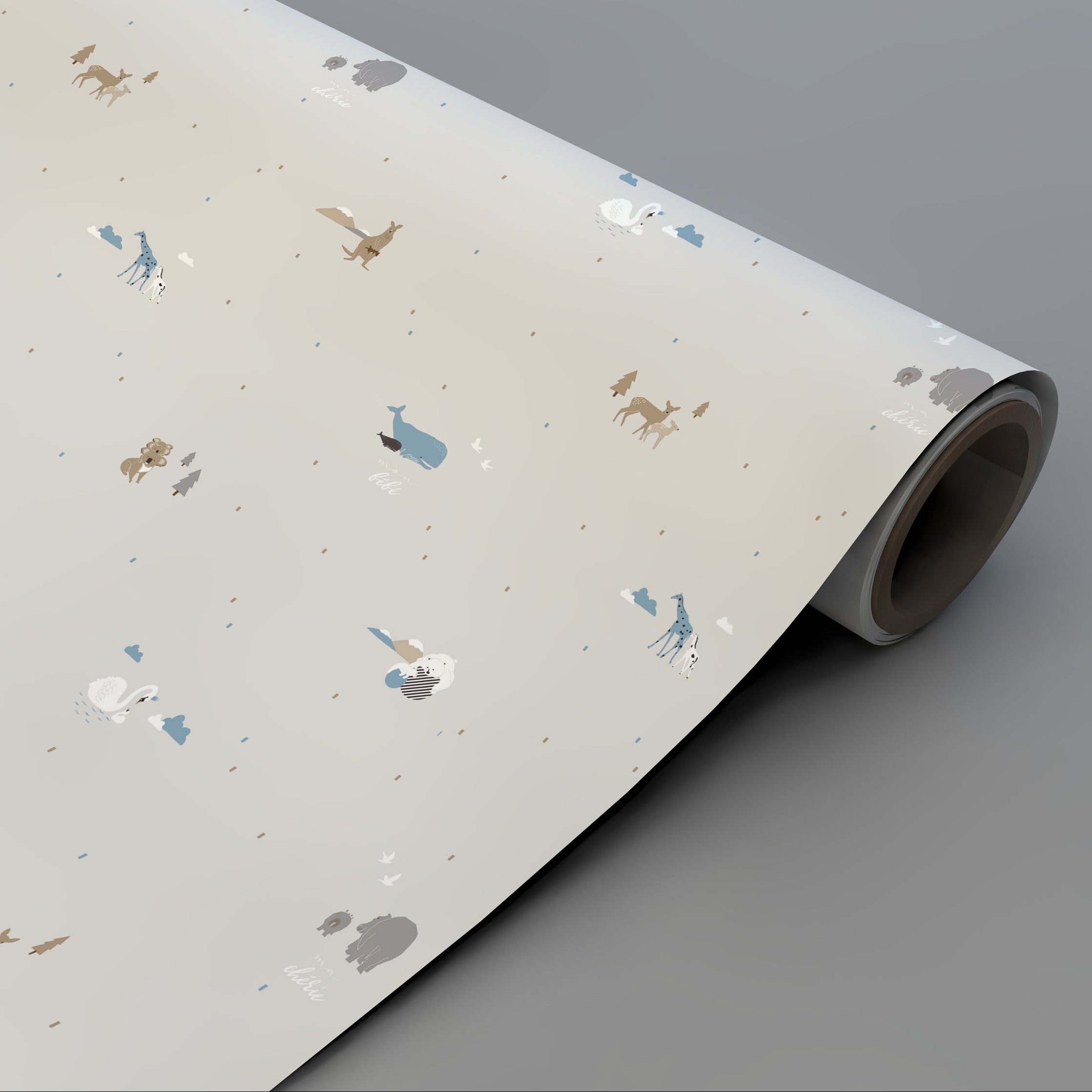 Papel pintado animales gris con patrón infantil para decorar habitación de niños - Nicolasito.es