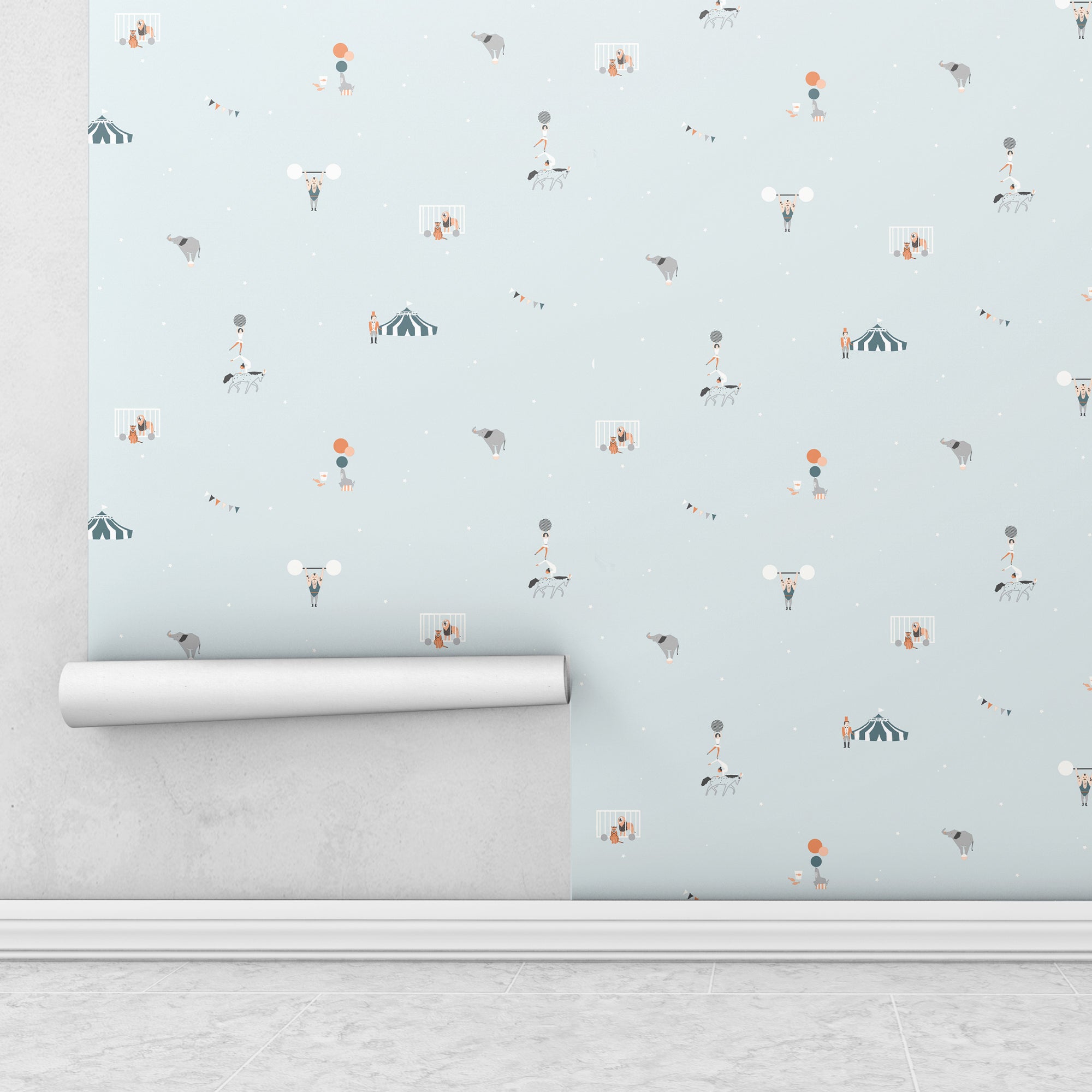 Papel pintado infantil circo azul para decorar pared de dormitorio infantil - Nicolasito.es #color_Circo-azul