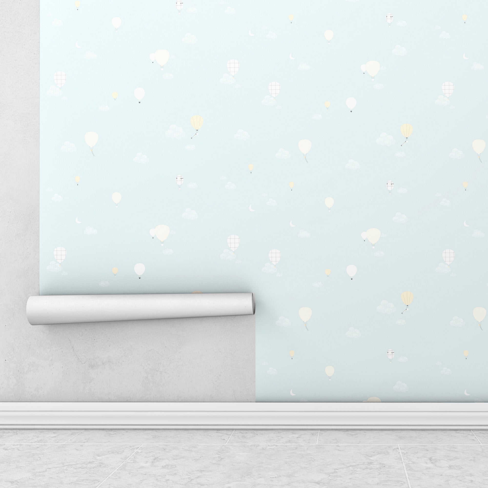 Imagen que muestra cómo colocar los rollos del papel pintado mini globos en color menta en la pared de un dormitorio infantil - Nicolasito.es #color_Globos-menta