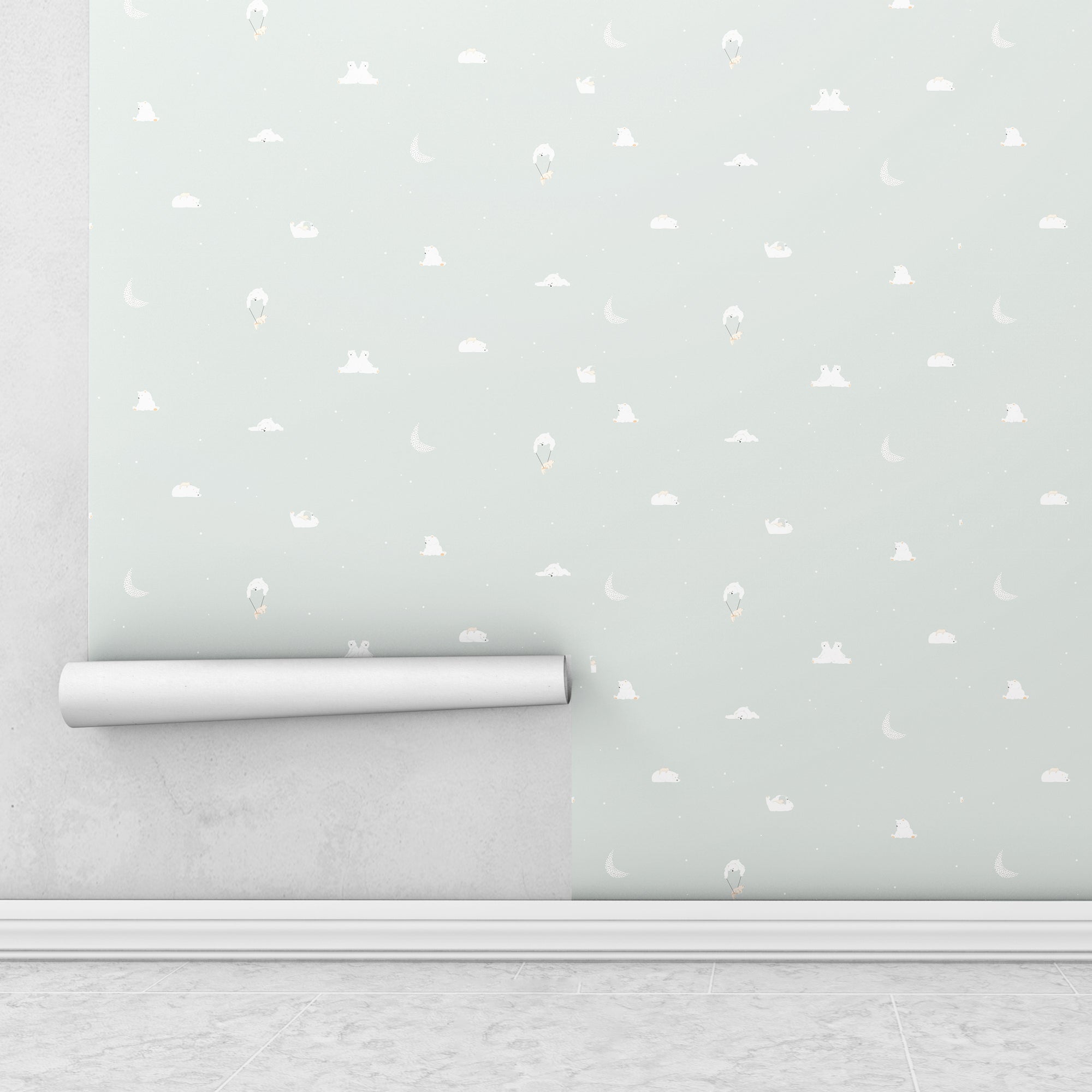 Cómo colocar papel pintado infantil con estampada de osos mini en color verde menta - Nicolasito.es #color_oso-menta