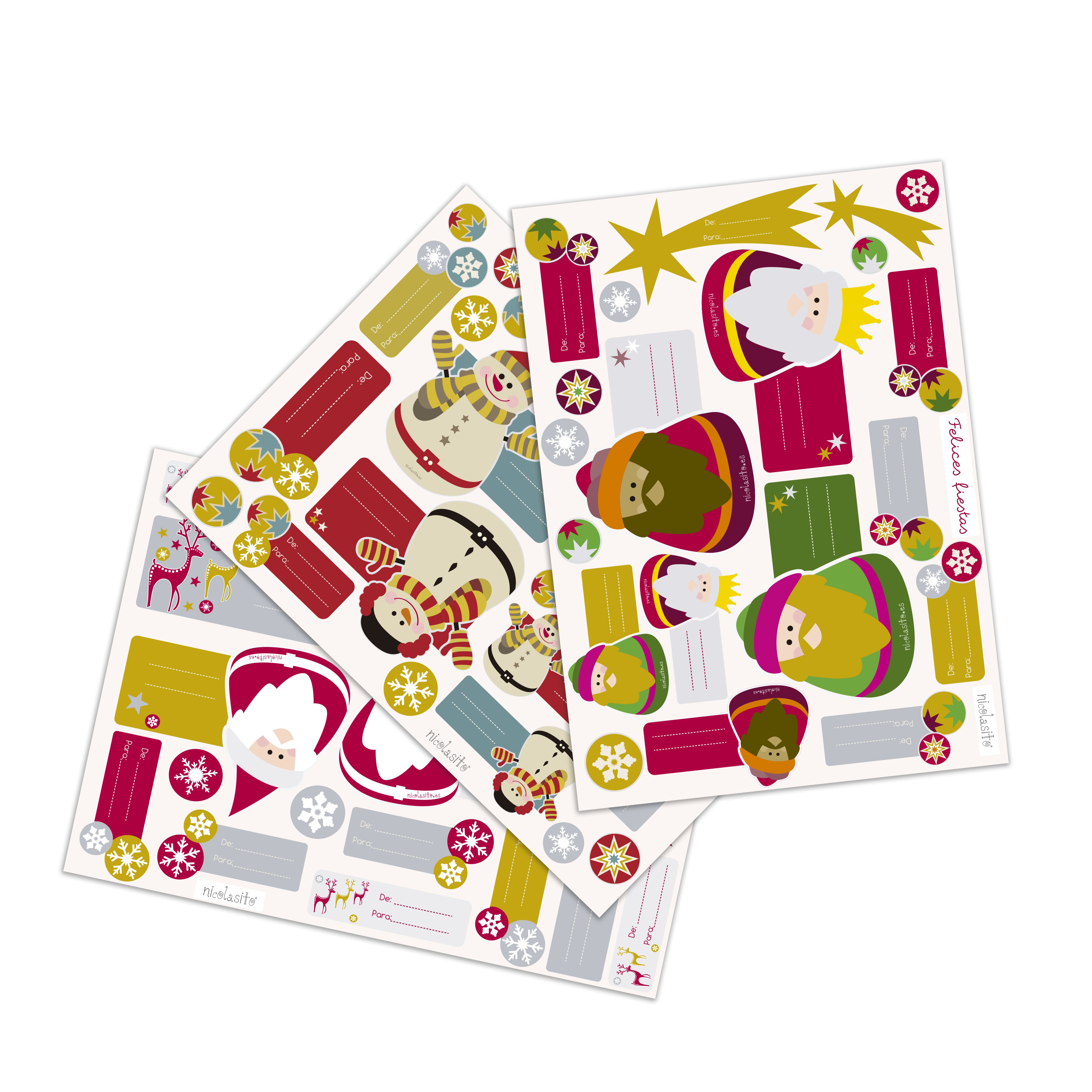 Pegatinas de navidad en forma de Reyes Magos, Papa Noel y Muñecos de Nieve para marcar regalos de Navidad - Nicolasito.es