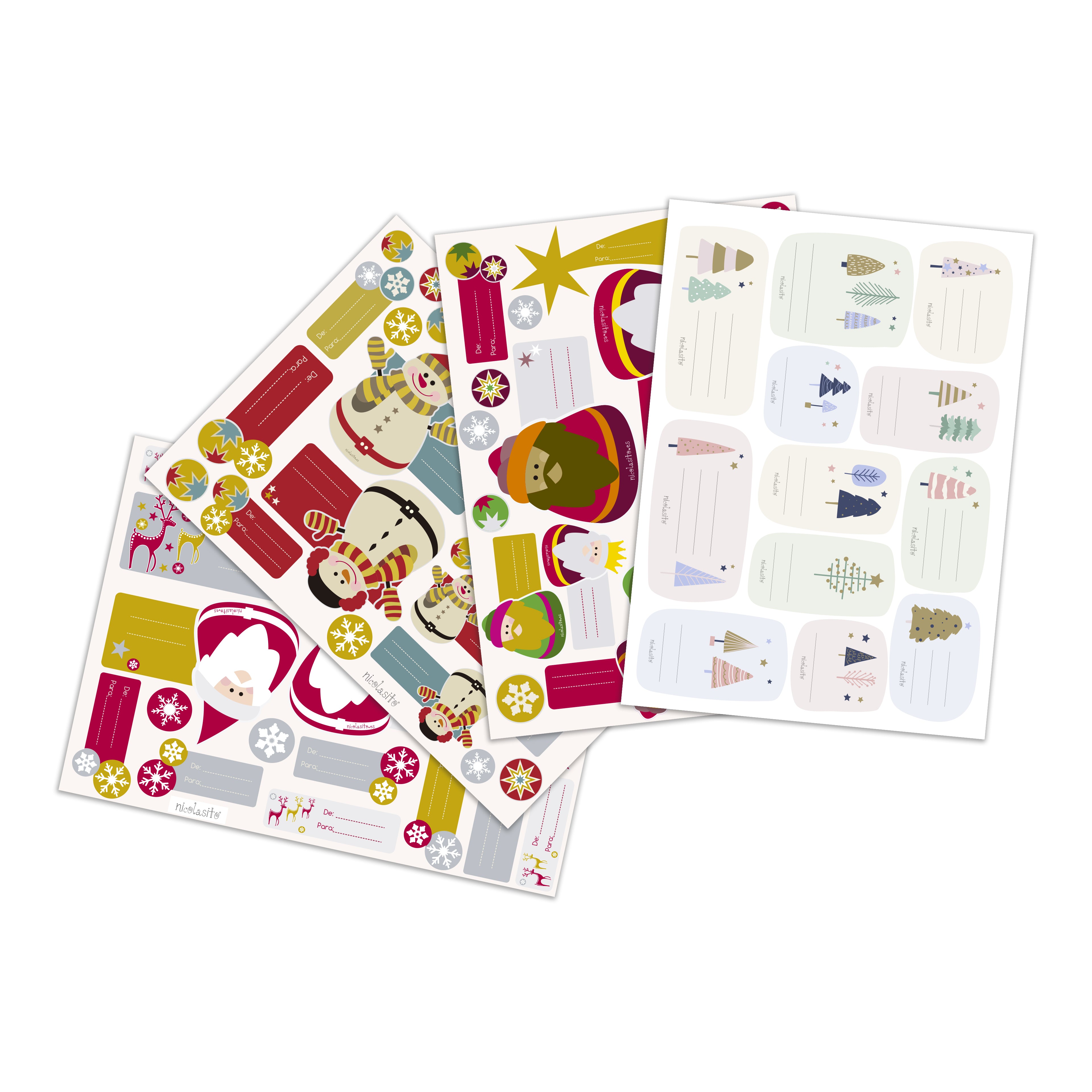 Pegatinas con estilo navideño y dibujos de Árboles de Navidad, Papá Noel, Reyes Magos y Muñecos de Nieve, para marcar los regalos de Navidad debajo del árbol - Nicolasito.es
