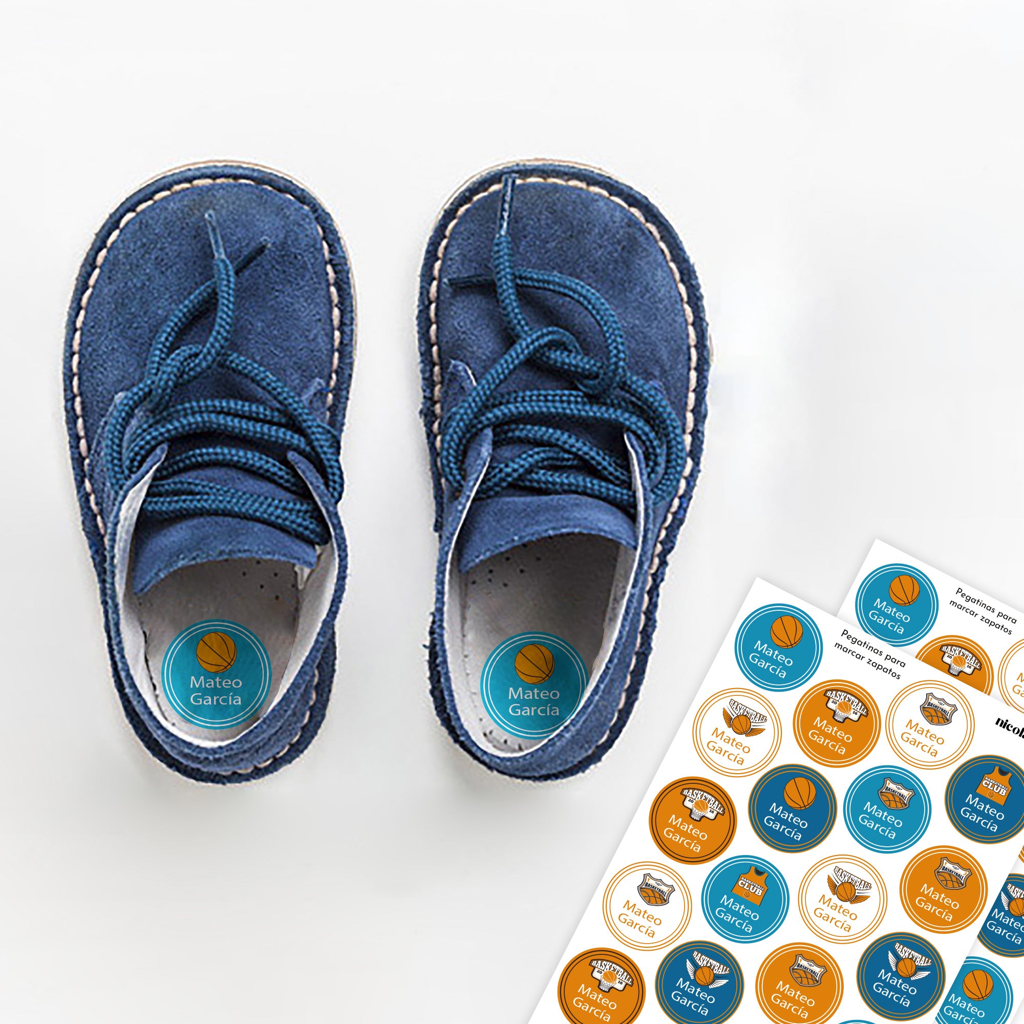 Pegatinas personalizadas para marcar zapatos de baloncesto con nombre para niños y niñas - Nicolasito.es #Color_Baloncesto