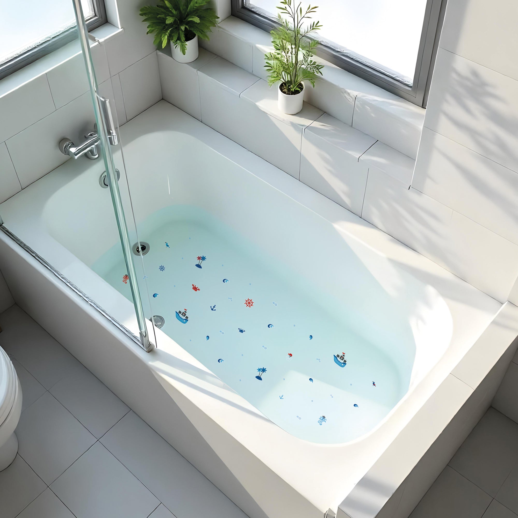 imagen de una bañera con set de pegatinas antideslizantes y adhesivas con temática pirata que ayudan a evitar resbalones durante el baño creando un ambiente seguro y divertido - Nicolasito.es