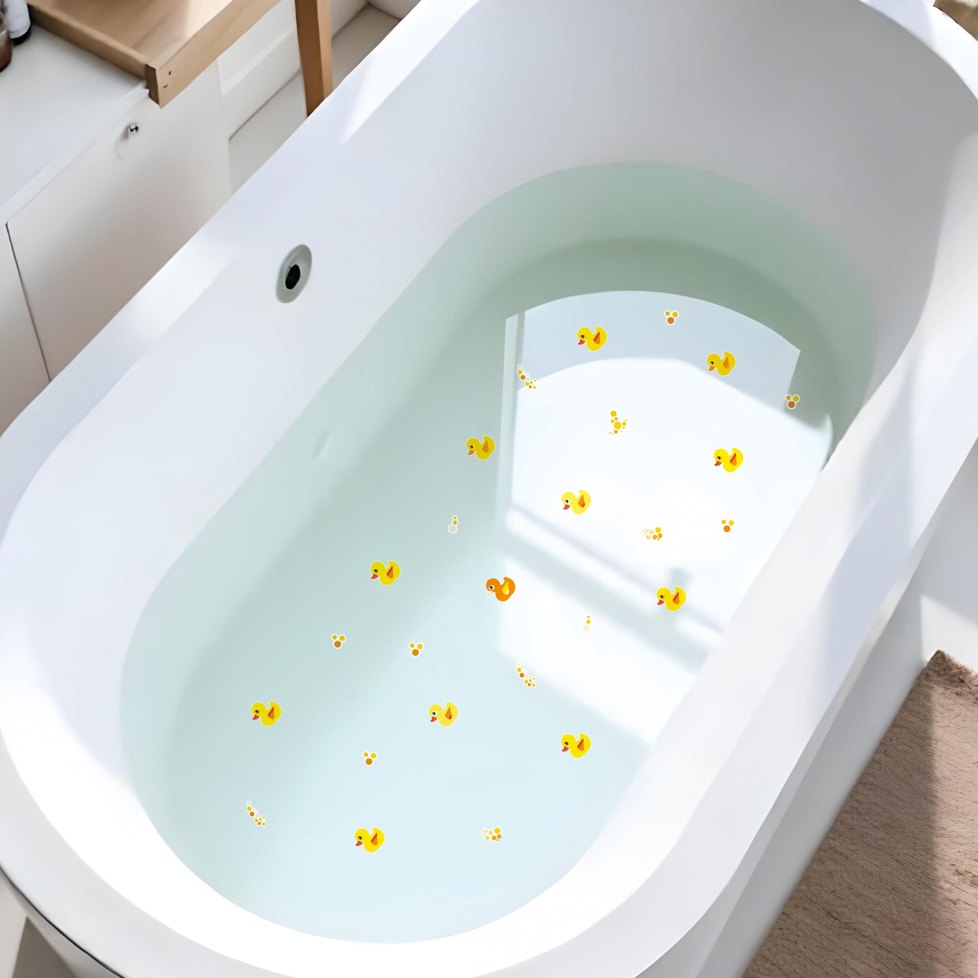 Imagen detallada de bañera blanca con pegatinas antideslizantes infantiles en forma de patitos que ayudan a evitar resbalones durante el baño creando así un ambiente seguro - Nicolasito.es