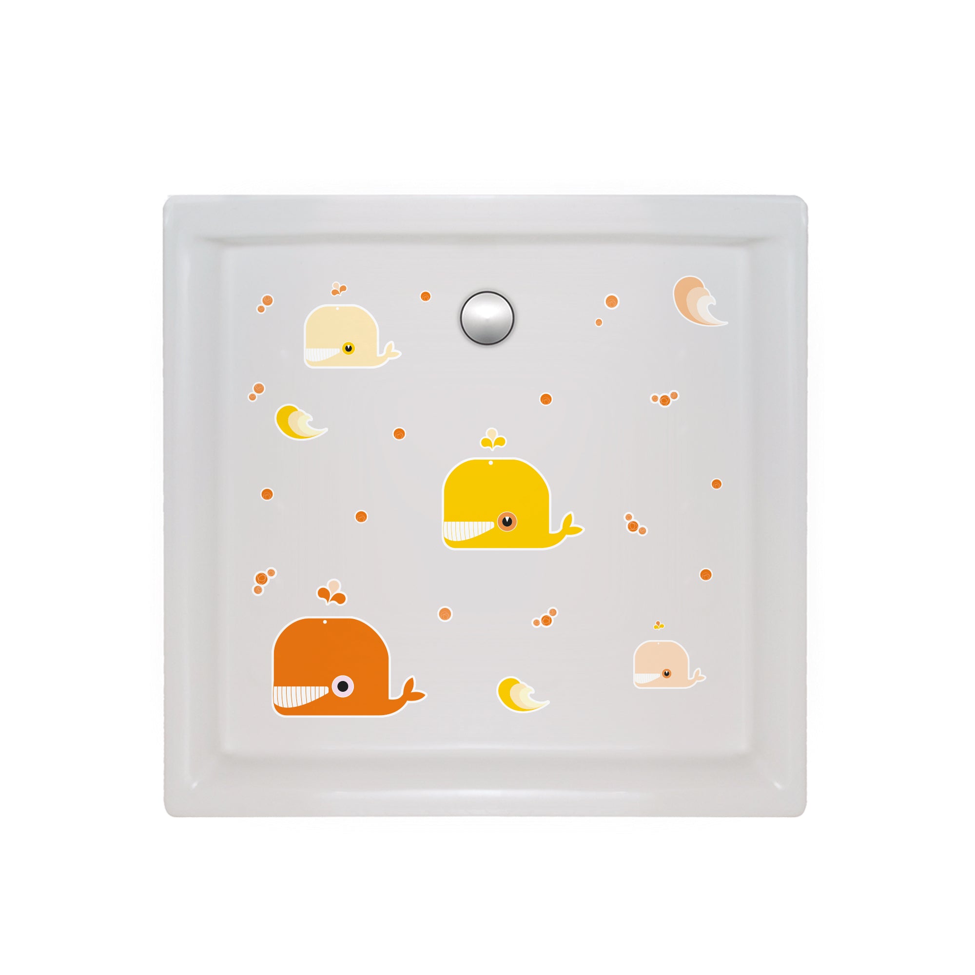 Imagen detallada de ducha con vinilo antideslizantes en forma de 5 ballenas y varias olas y burbujas infantiles de color naranja que evitan resbalones durante el baño creando un ambiente seguro - Nicolasito.es #color_Naranja