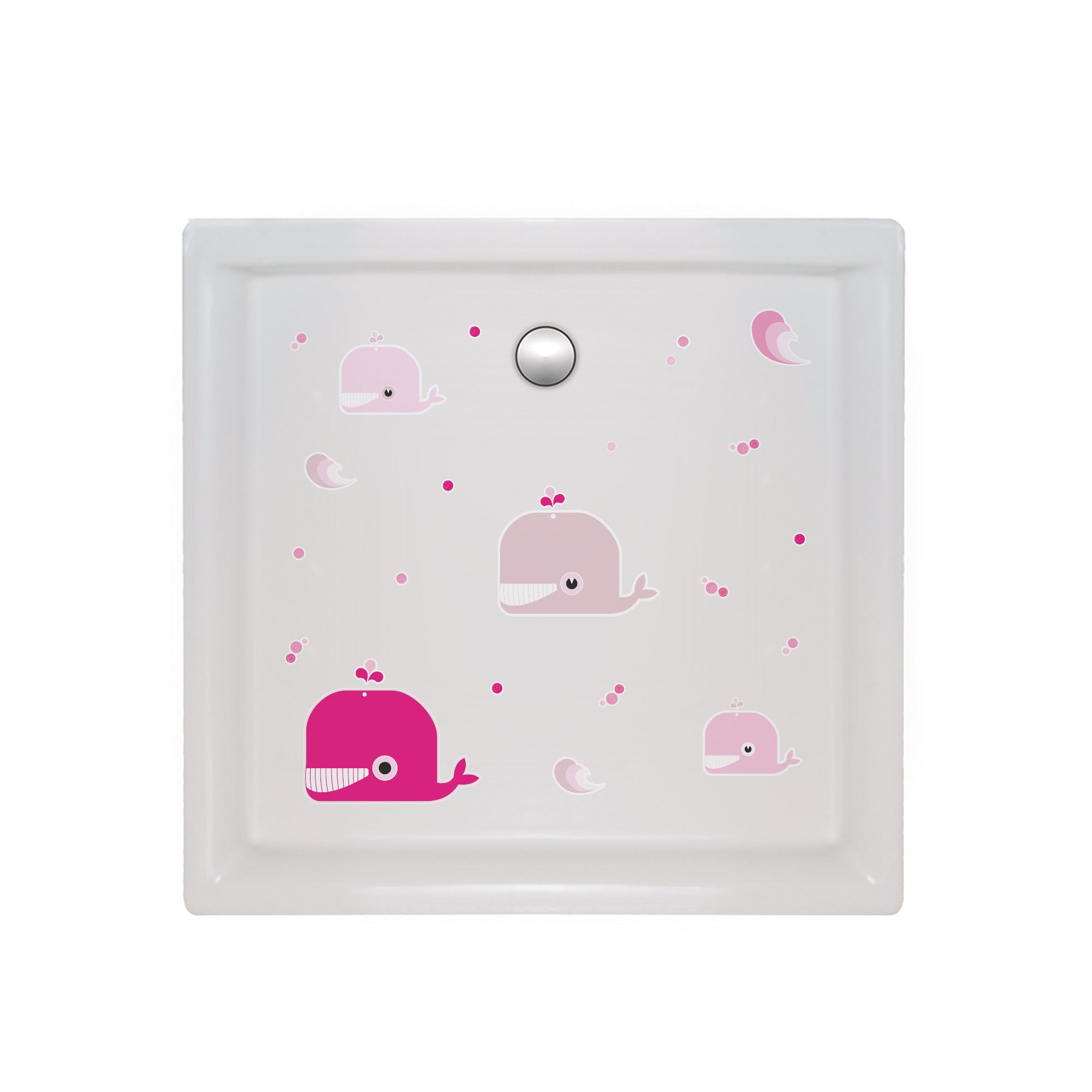 plano detalle de ducha con pegatinas antideslizantes infantiles en forma de ballenas y olas de color rosa para evitar resbalones durante el baño - Nicolasito.es #color_Rosa