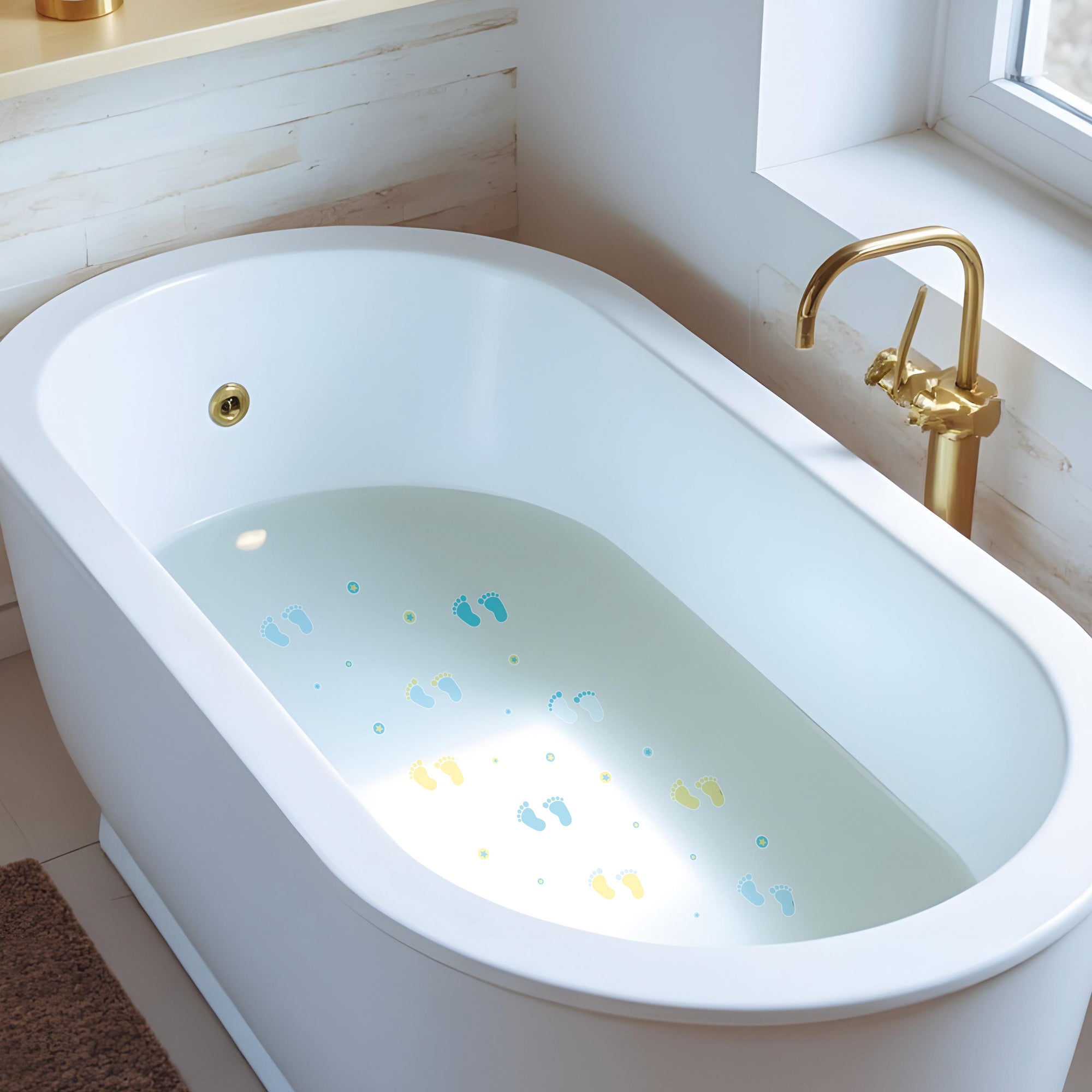 Imagen detallada de pegatinas antideslizantes infantiles en forma de pies de color azul sobre una bañera blanca que evitan resbalones durante el baño - Nicolasito.es #color_Azul