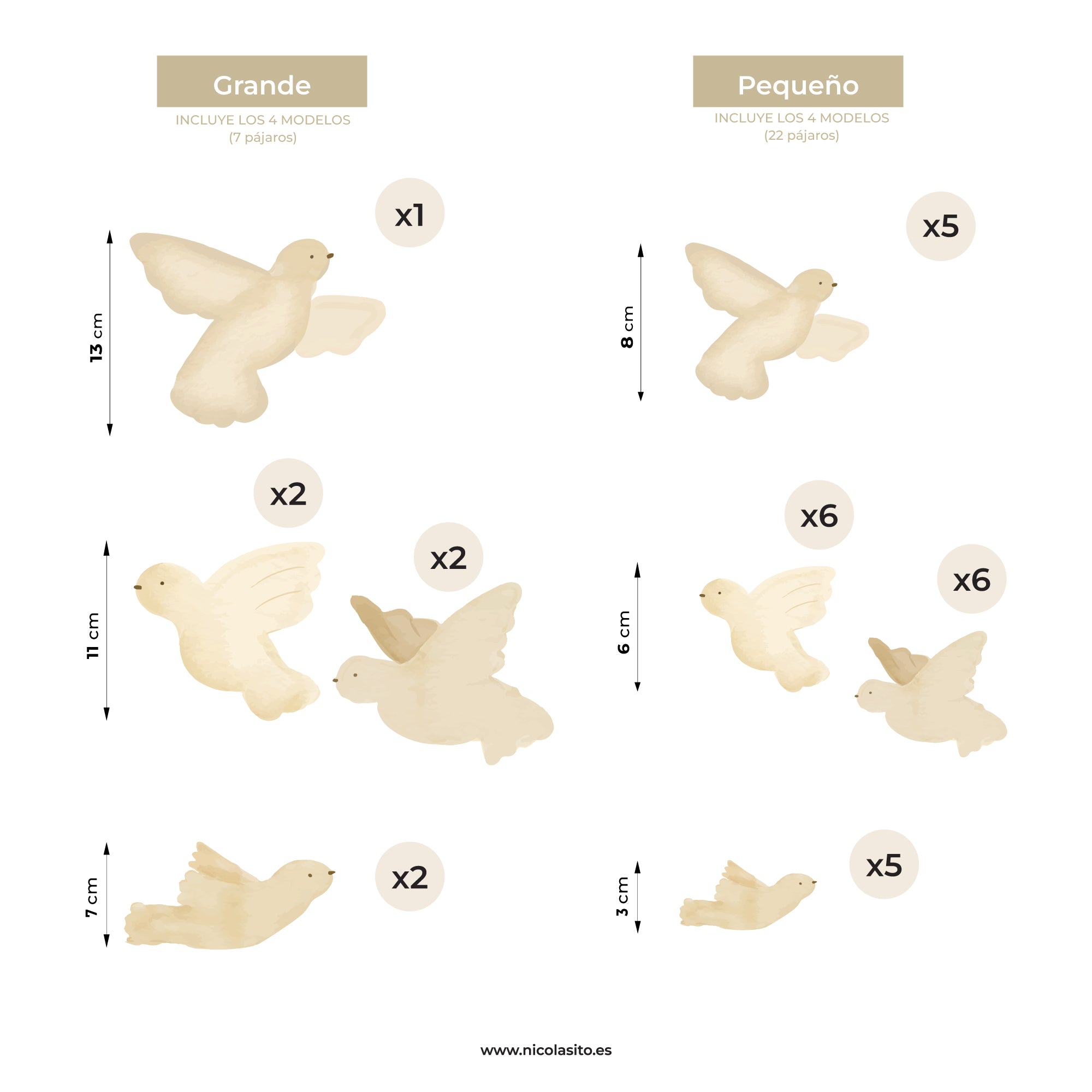 Imagen informativa con las medidas y cantidades de los vinilos decorativos de pájaros acuarela beige. Muestra los cuatro modelos disponibles en tamaño grande y pequeño, indicando dimensiones y número de unidades incluidas en cada pack - Nicolasito.es #Tamaño_Pequeño