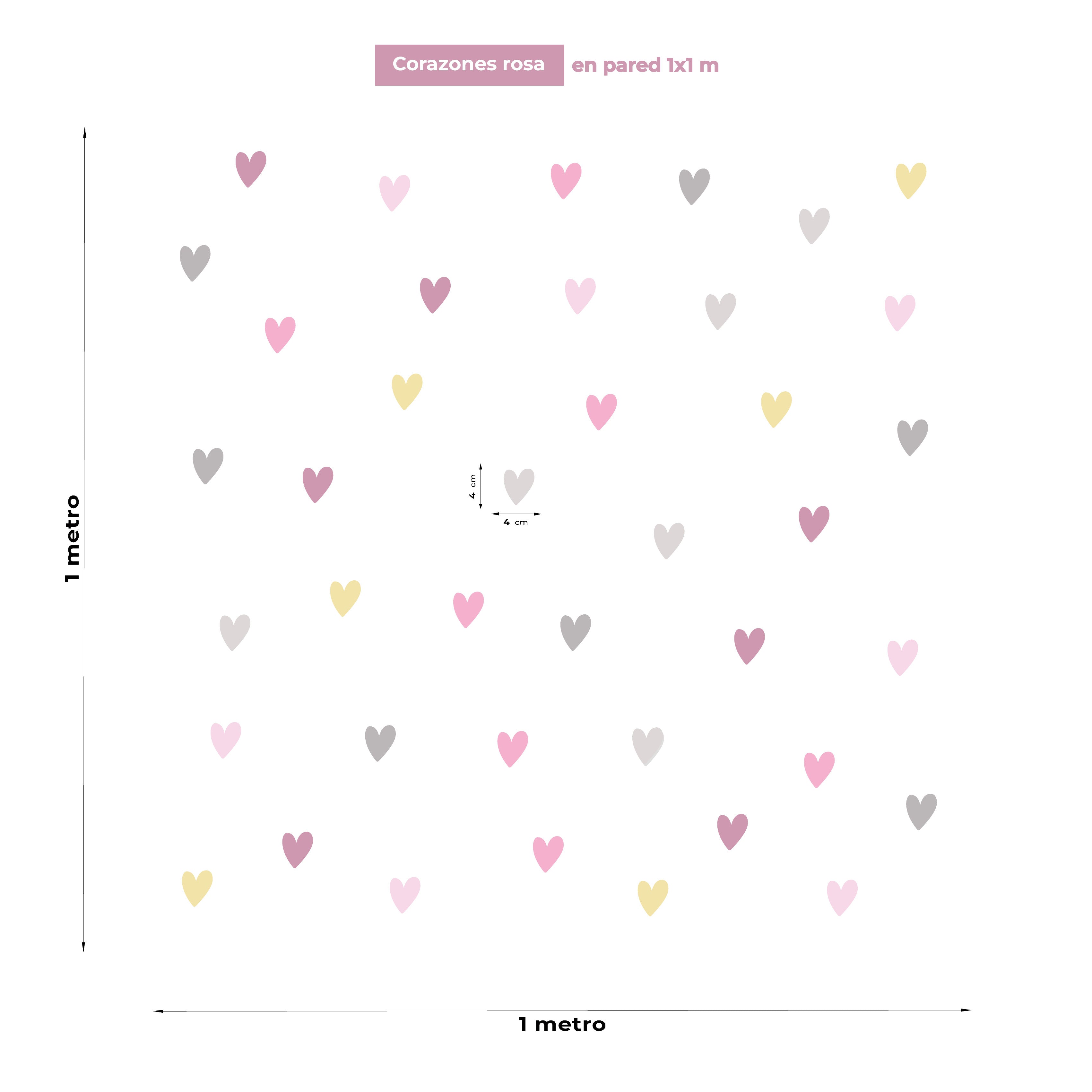 Distribución de vinilos decorativos de corazones rosa pastel sobre pared de 1x1 metro con medidas de referencia - Nicolasito.es #color_Pastel rosa
