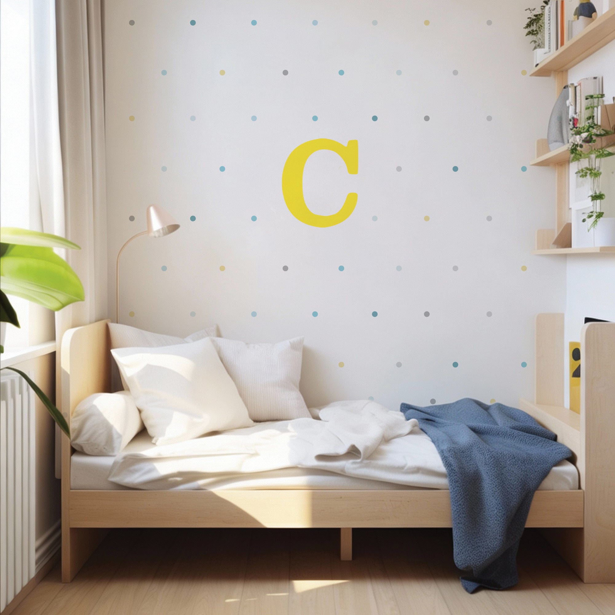 Imagen de ejemplo de vinilo decorativo con inicial personalizada de color amarillo, colocada en dormitorio infantil moderno - Nicolasito.es #color_Amarillo