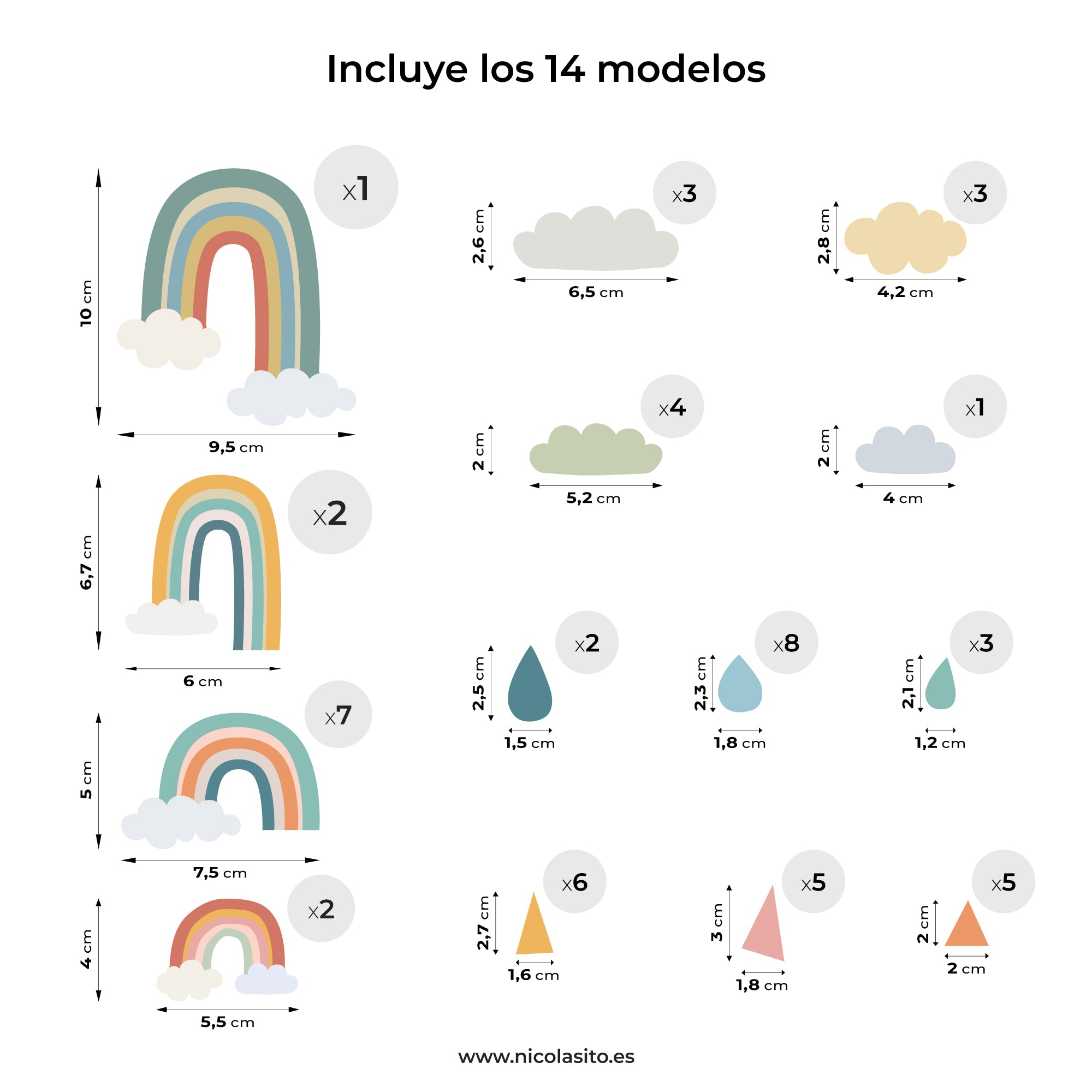 Detalles de medidas del vinilo decorativo arcoíris y nubes para decoración de pared infantil - Nicolasito.es