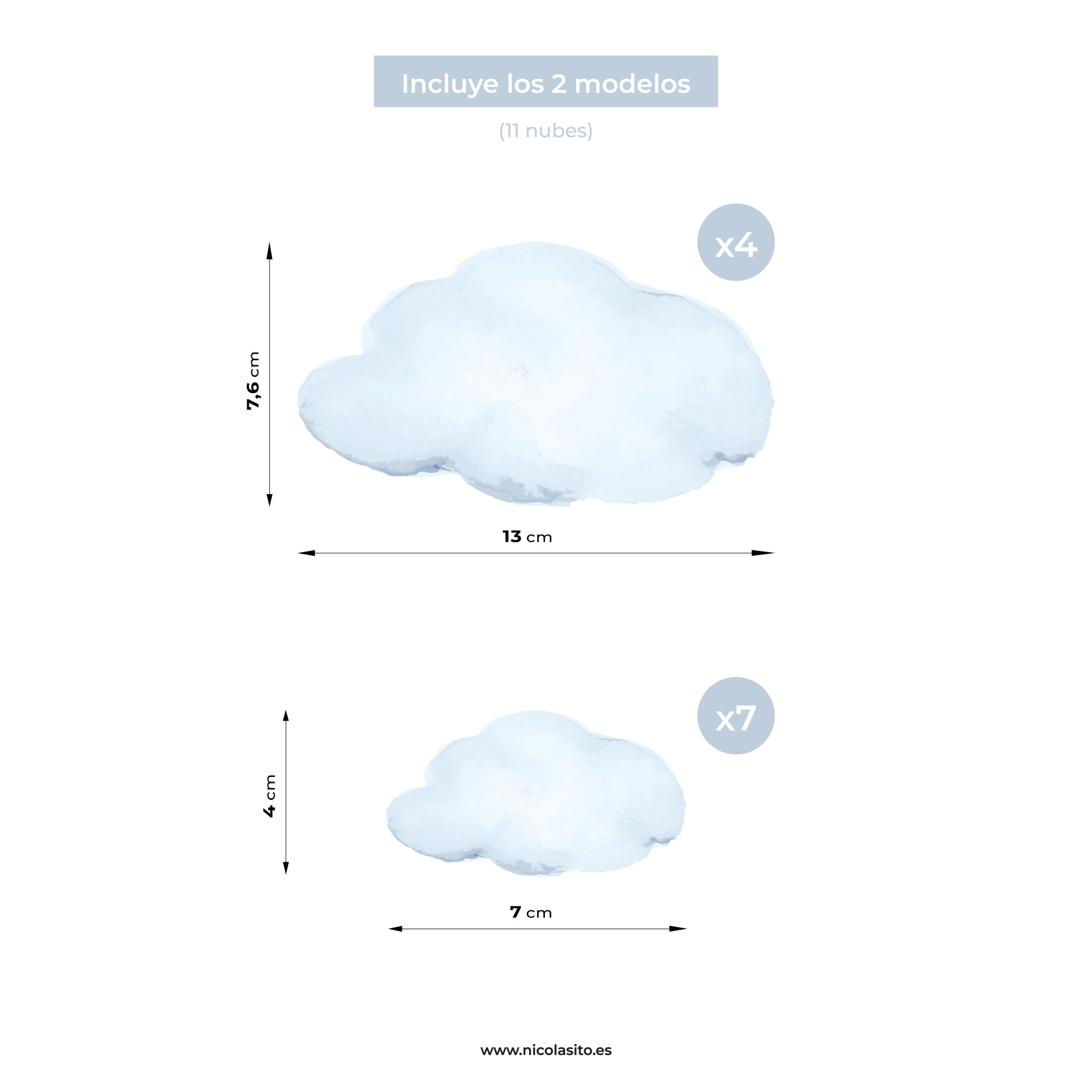 Medidas del vinilo decorativo Nubes Acuarela con 11 nubes en dos tamaños de 13 y 7 cm - Nicolasito.es