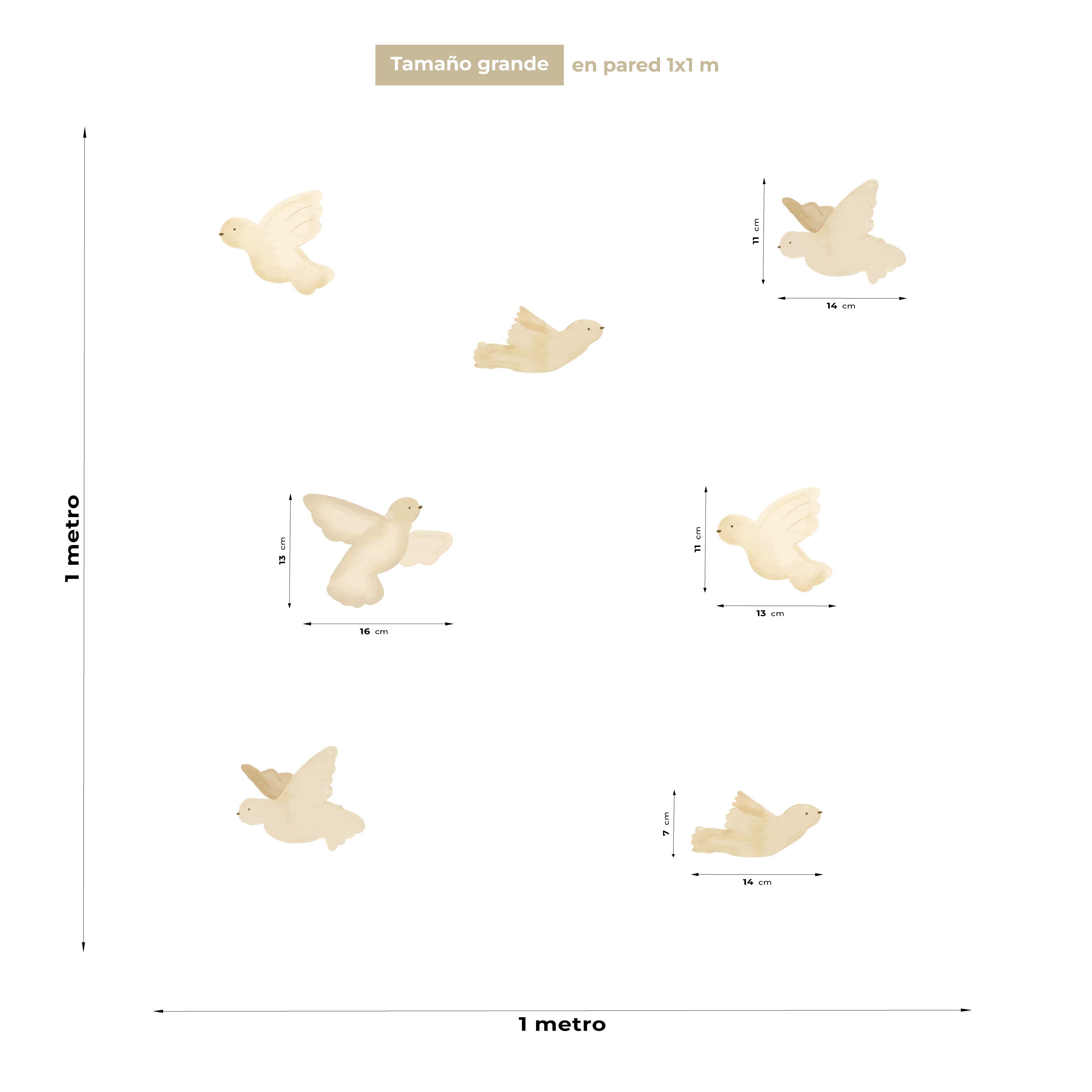 Imagen de referencia que muestra cómo queda distribuido el pack grande del vinilo decorativo de pájaros acuarela beige sobre una pared de 1 metro por 1 metro. Incluye las medidas aproximadas de los diferentes modelos para ayudar a visualizar su tamaño real - Nicolasito.es #Tamaño_Grande