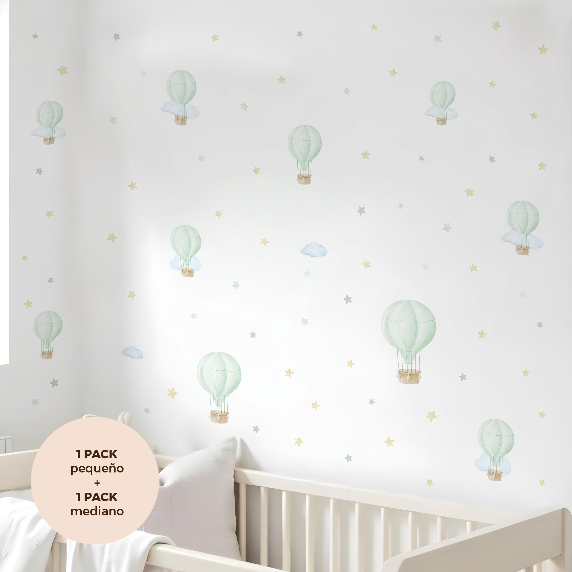 comprar vinilo decorativo para paredes dormitorio infantil con forma de globo aerostático y acabado acuarela #comprar vinilo decorativo para paredes dormitorio infantil con forma de globo aerostático y acabado acuarela #color_Globos verde