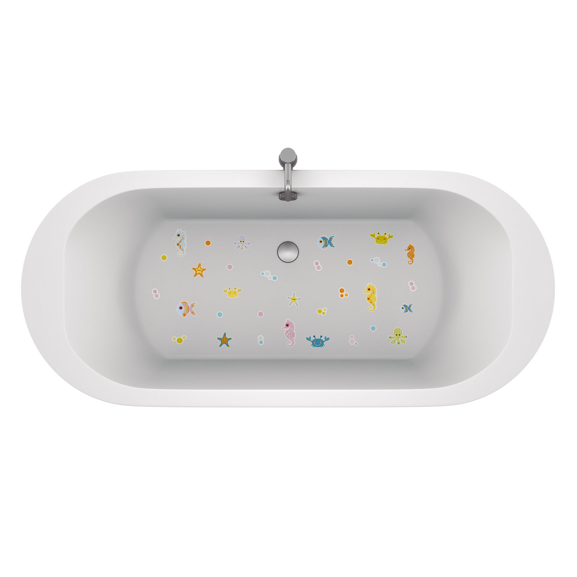 Set de 15 pegatinas antideslizantes multicolor con diseños de animales marinos, colocadas en una bañera blanca Antideslizante Animalitos del mar - Nicolasito.es