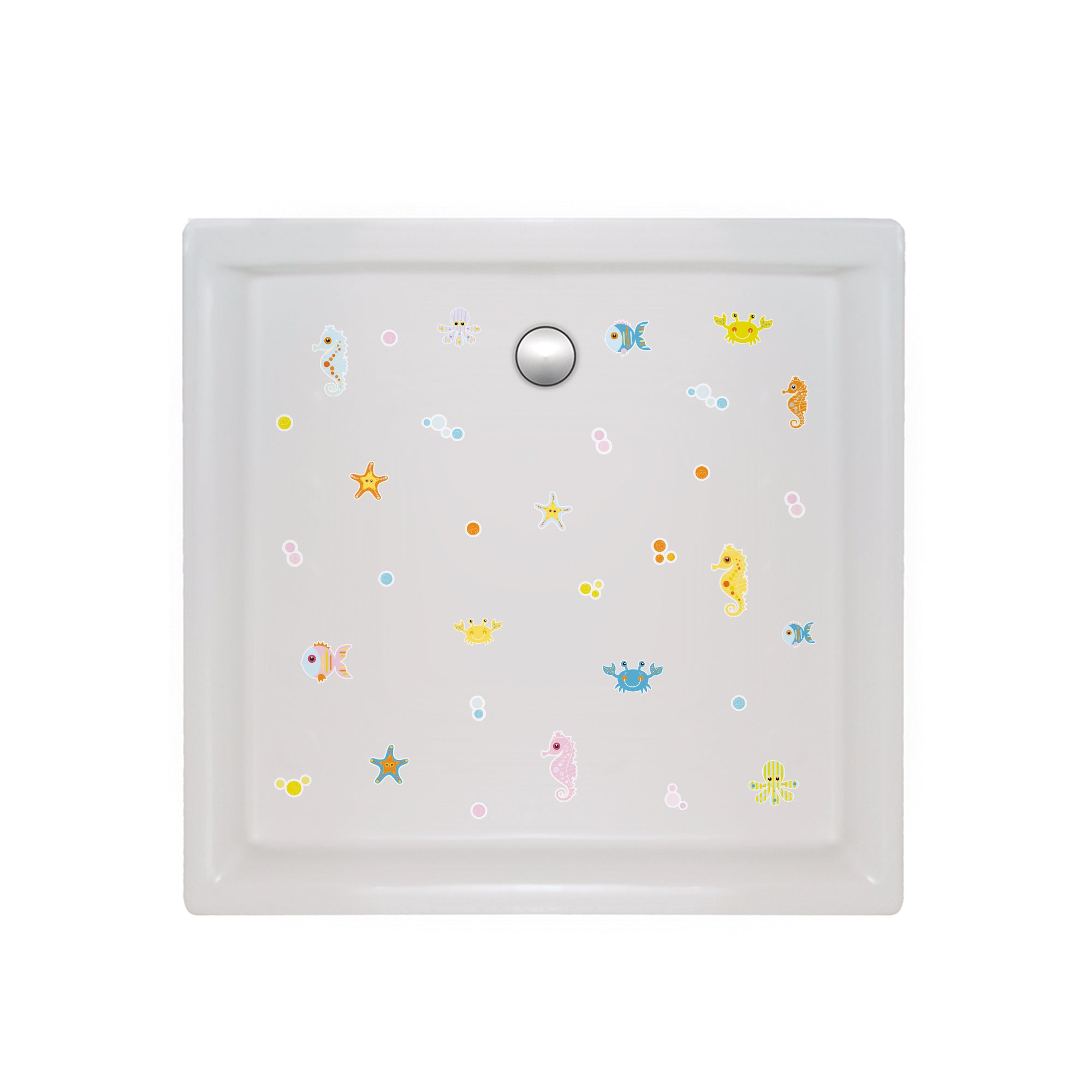 Pegatinas de animales marinos adheridas a un plato ducha, aportando un toque decorativo y seguro para evitar resbalones_ Antideslizante Animalitos del mar - Nicolasito.es
