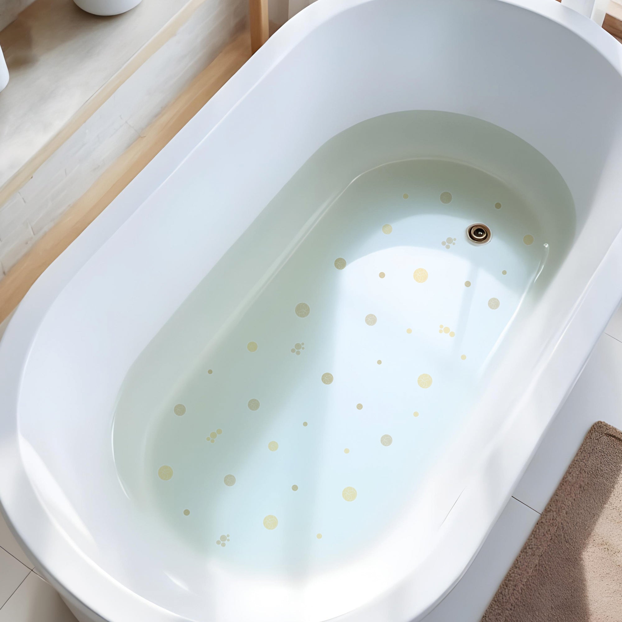vista general de bañera blanca con vinilo antideslizante en forma de burbujitas en color beige para evitar resbalones durante el baño #color_Beige