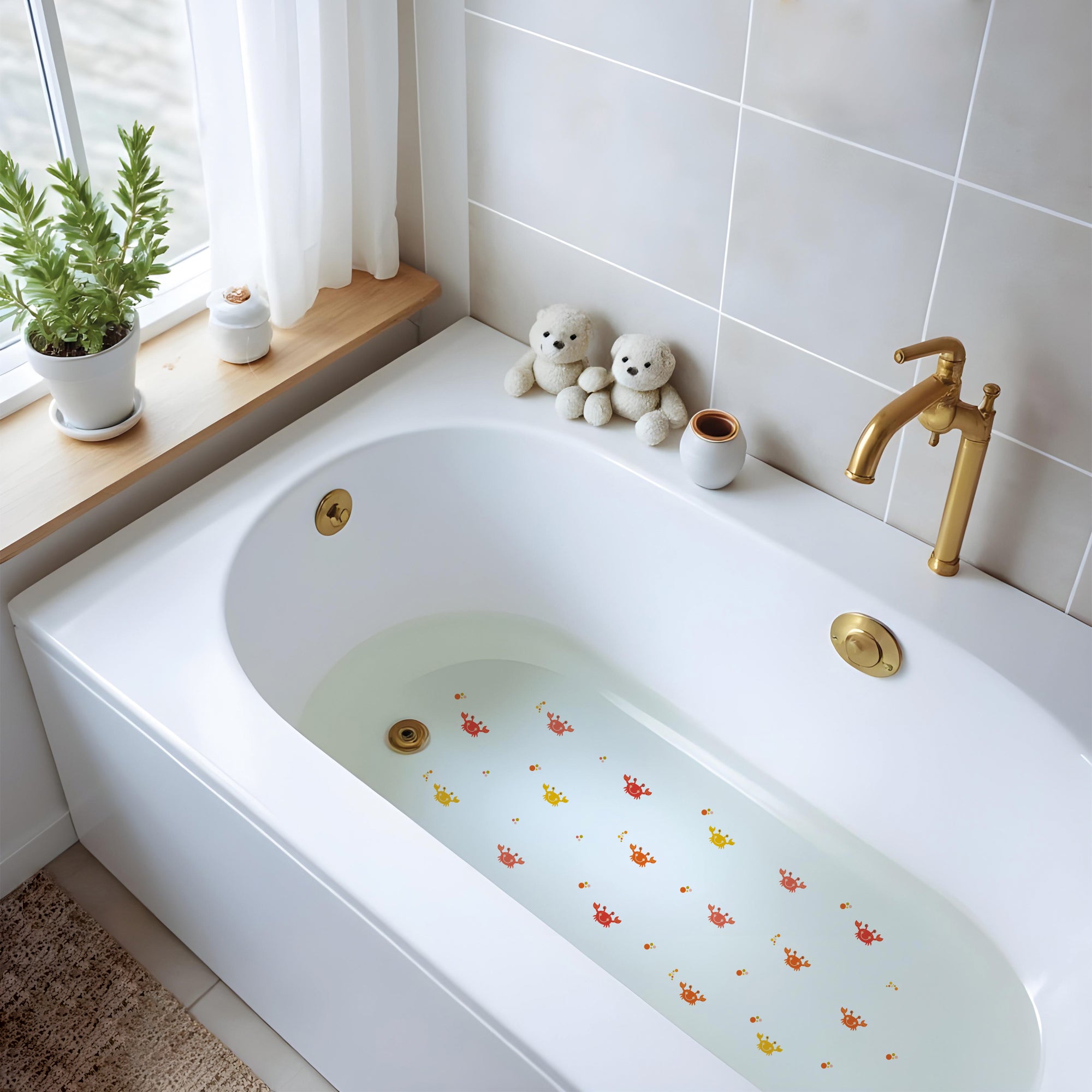 Vista general de una bañera moderna decorada con 16 pegatinas antideslizantes de cangrejos en color naranja, creando un ambiente divertido y seguro #color_Naranja