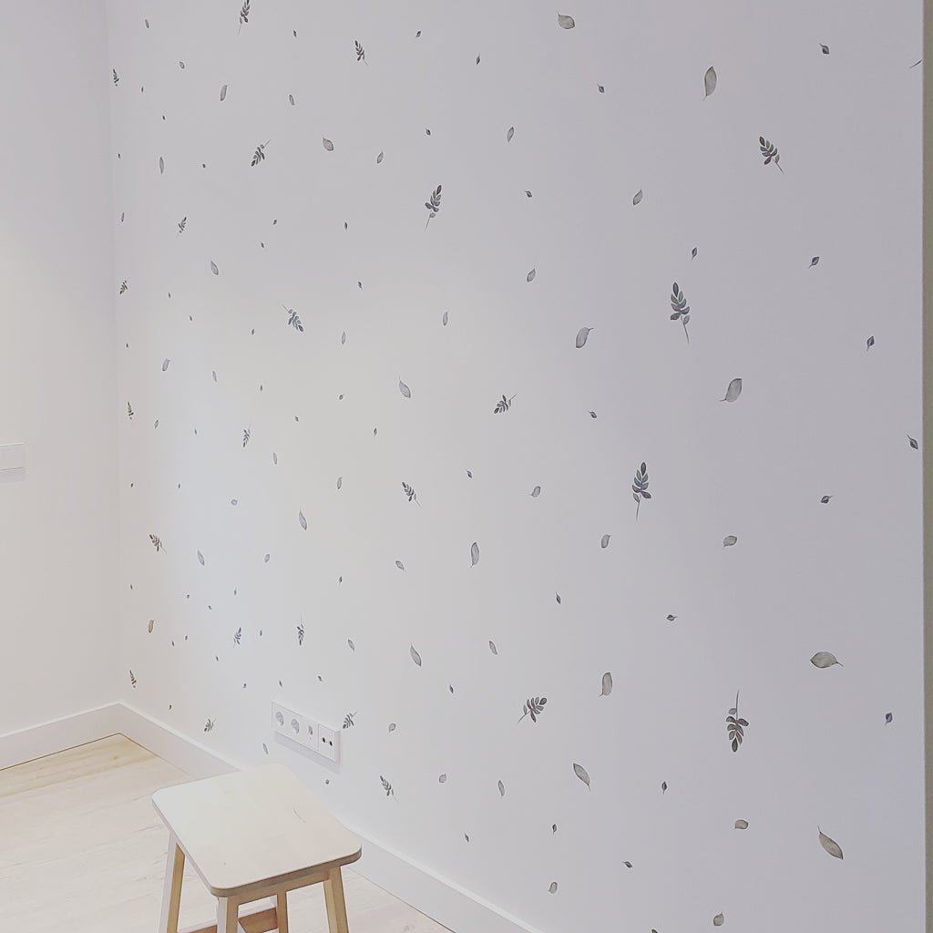 Decoración de pared cuarto infantil con vinilos de hojas pastel de nicolasito