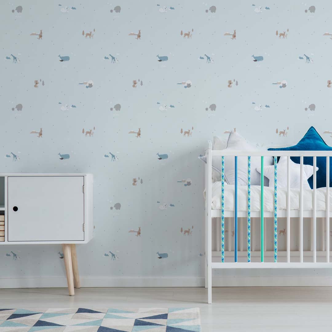 Papel pintado para decoracar habitación infantil con estampado de animales en color azul  #color_Animales-azul